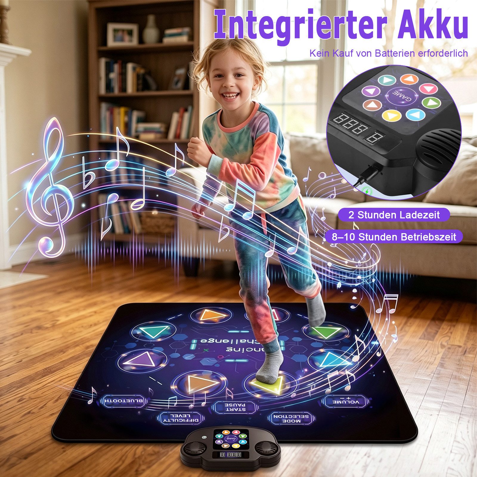 AKKEE 8-Tasten-Bluetooth-Tanzmatte mit Beleuchtung und Musik Tanzmatte (Wiederaufladbar Wasserdicht und rutschfest für Mädchen Jungen) – Bild 3 von 5