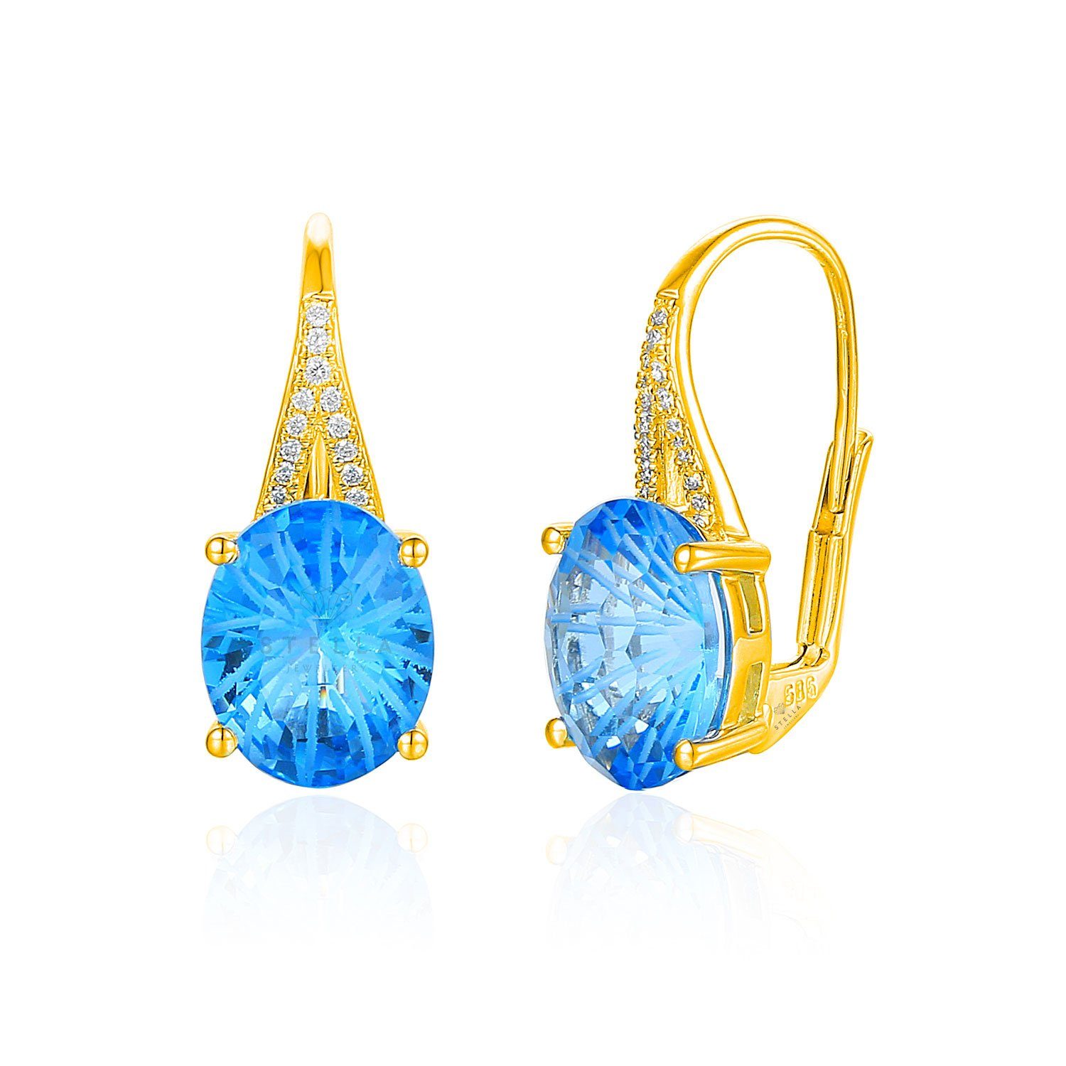 Paar Ohrhänger 585 Gold Ohrringe Blautopas 6,16ct./ Diam. 0,07ct.
