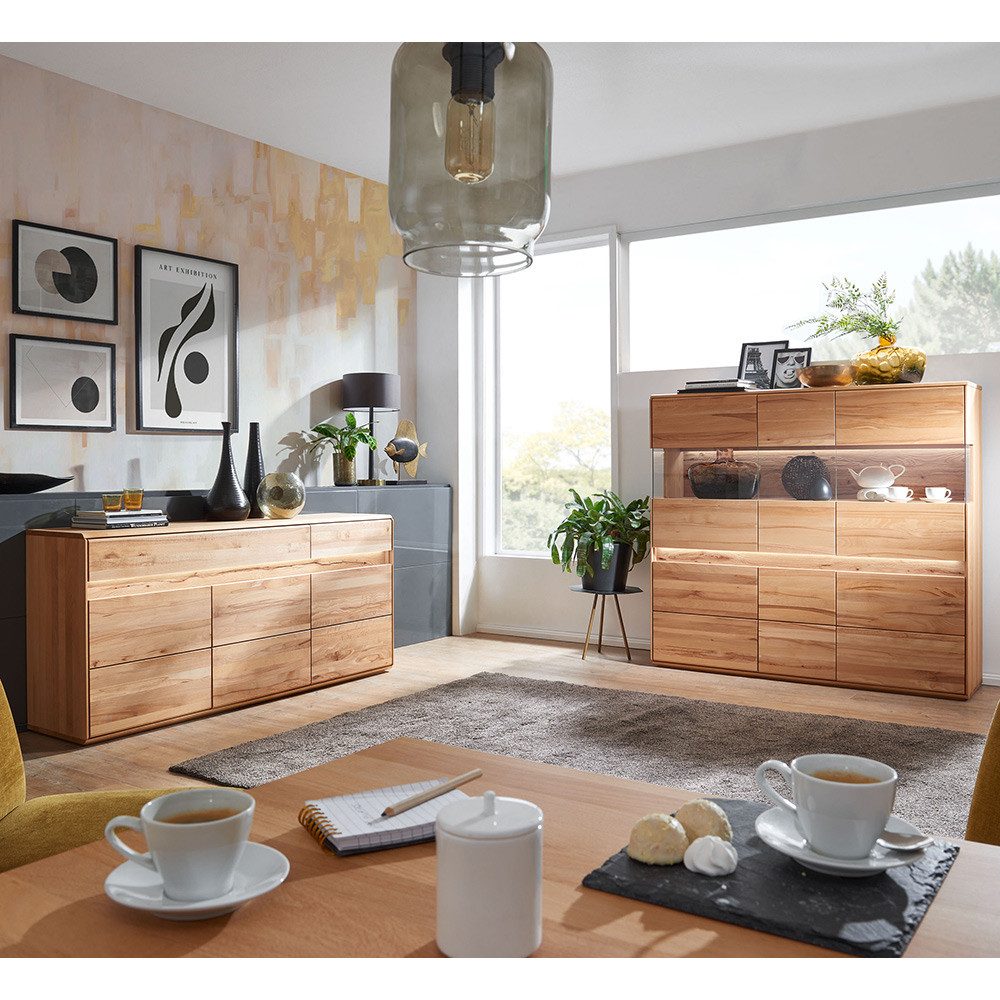 Lomadox Wohnzimmer-Set WELLAND-69, (Mega-Spar-Set, 2-St., Highboard Sideboard), in Kernbuche massiv geölt inkl. Beleuchtung, montiert