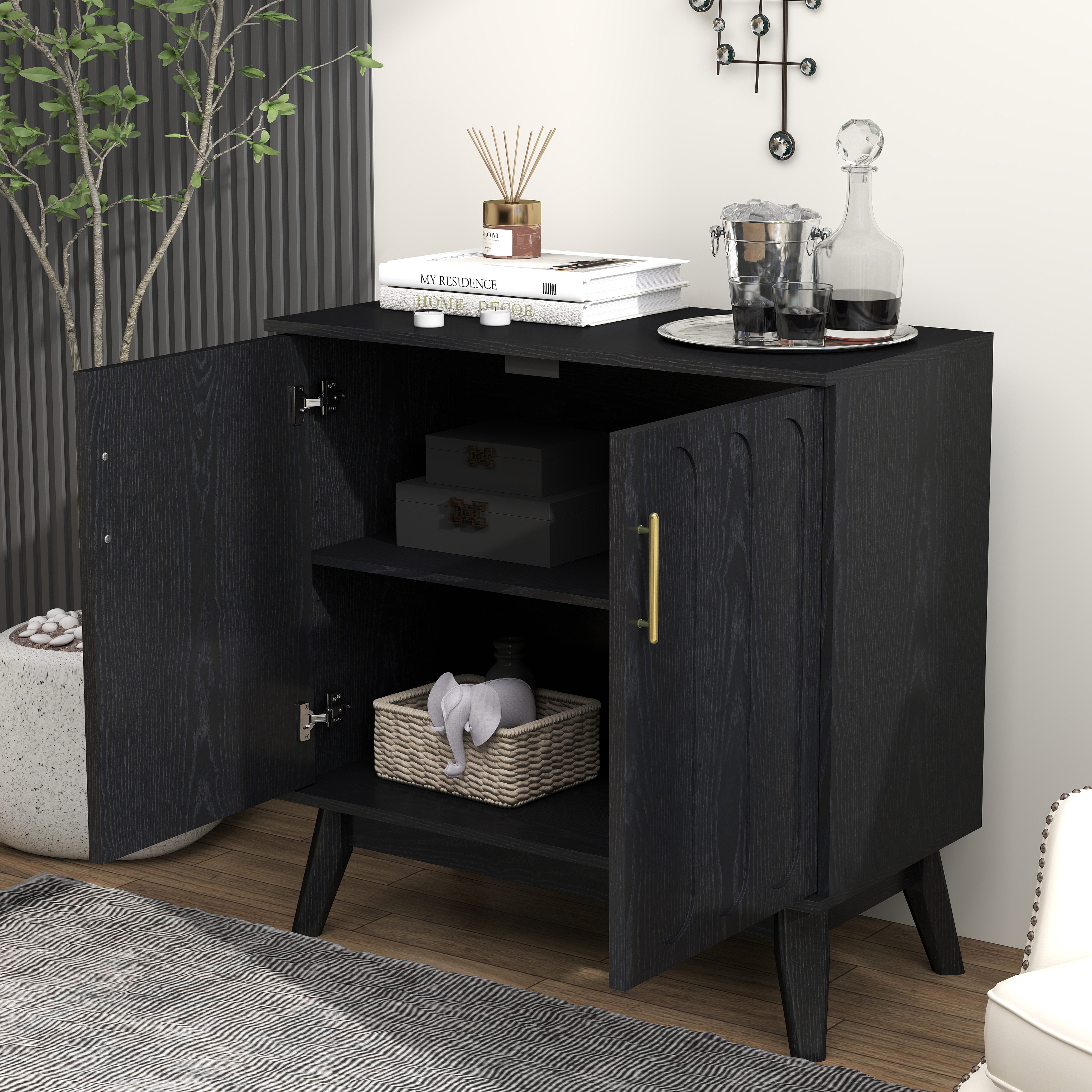 Celya Sideboard im Mid-Century-Modern-Stil mit geriffelten Fronten (mit verstellbaren Einlegeböden und Massivholzbeinen)