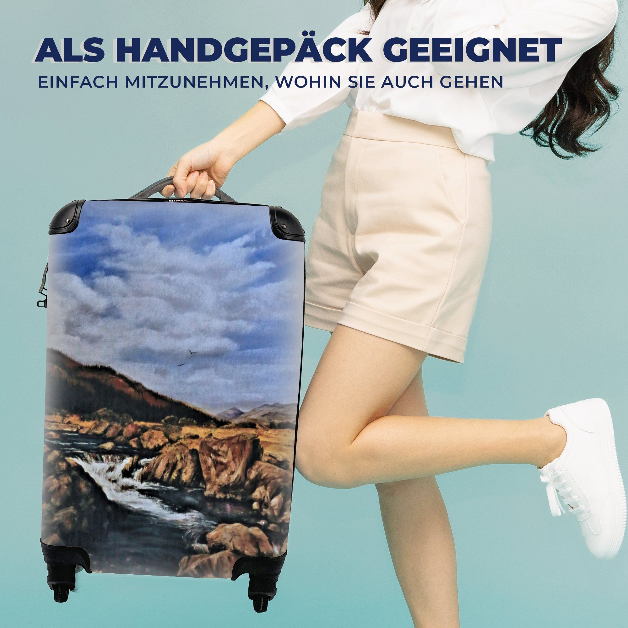 MuchoWow Handgepäckkoffer Ölgemälde Fluss, 4 mit Rollen, für Handgepäck Ferien, Reisetasche Reisekoffer rollen, Trolley