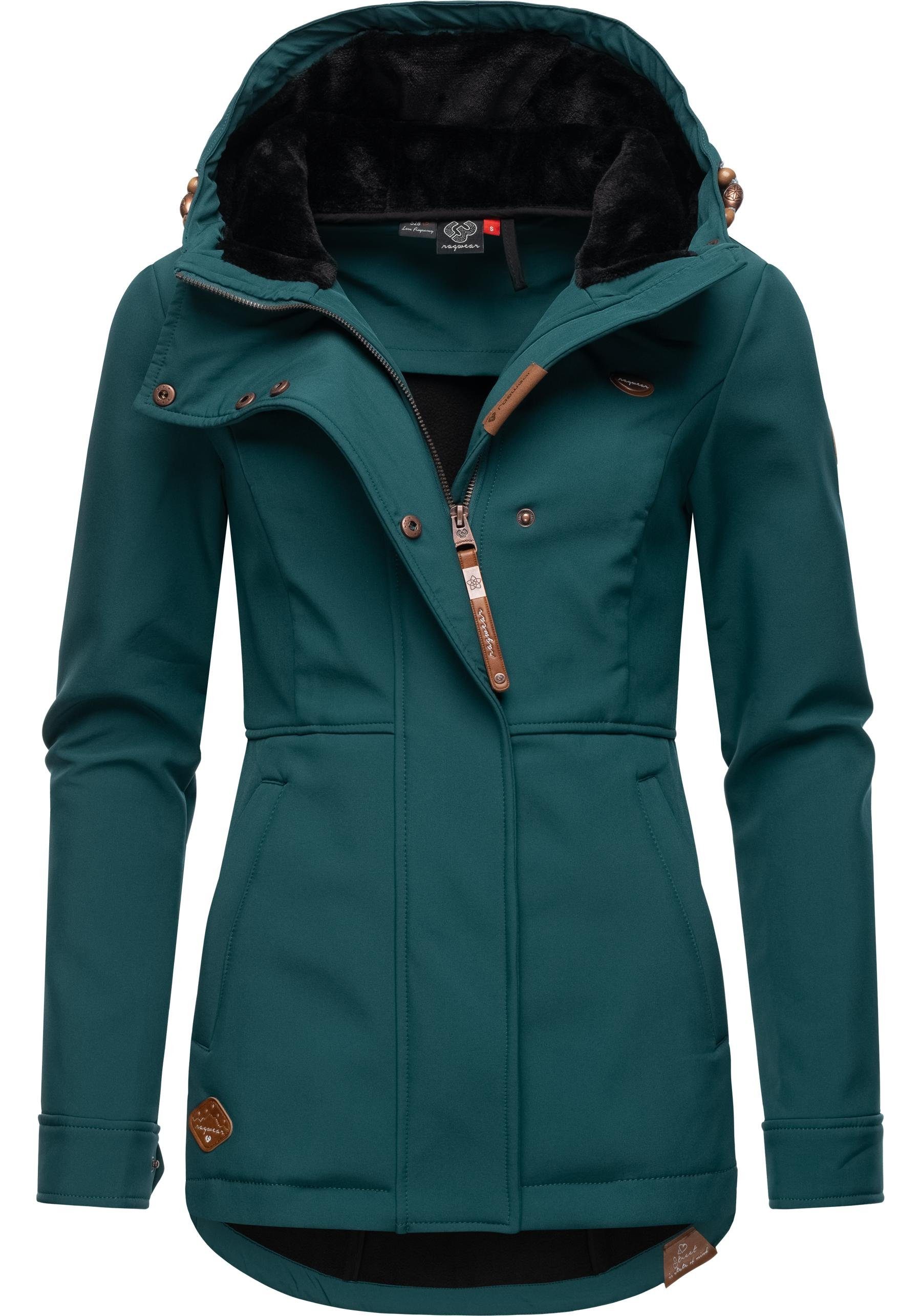 Ragwear Softshelljacke Yba mit Damen sportliche flaschengrün Kapuze Outdoorjacke