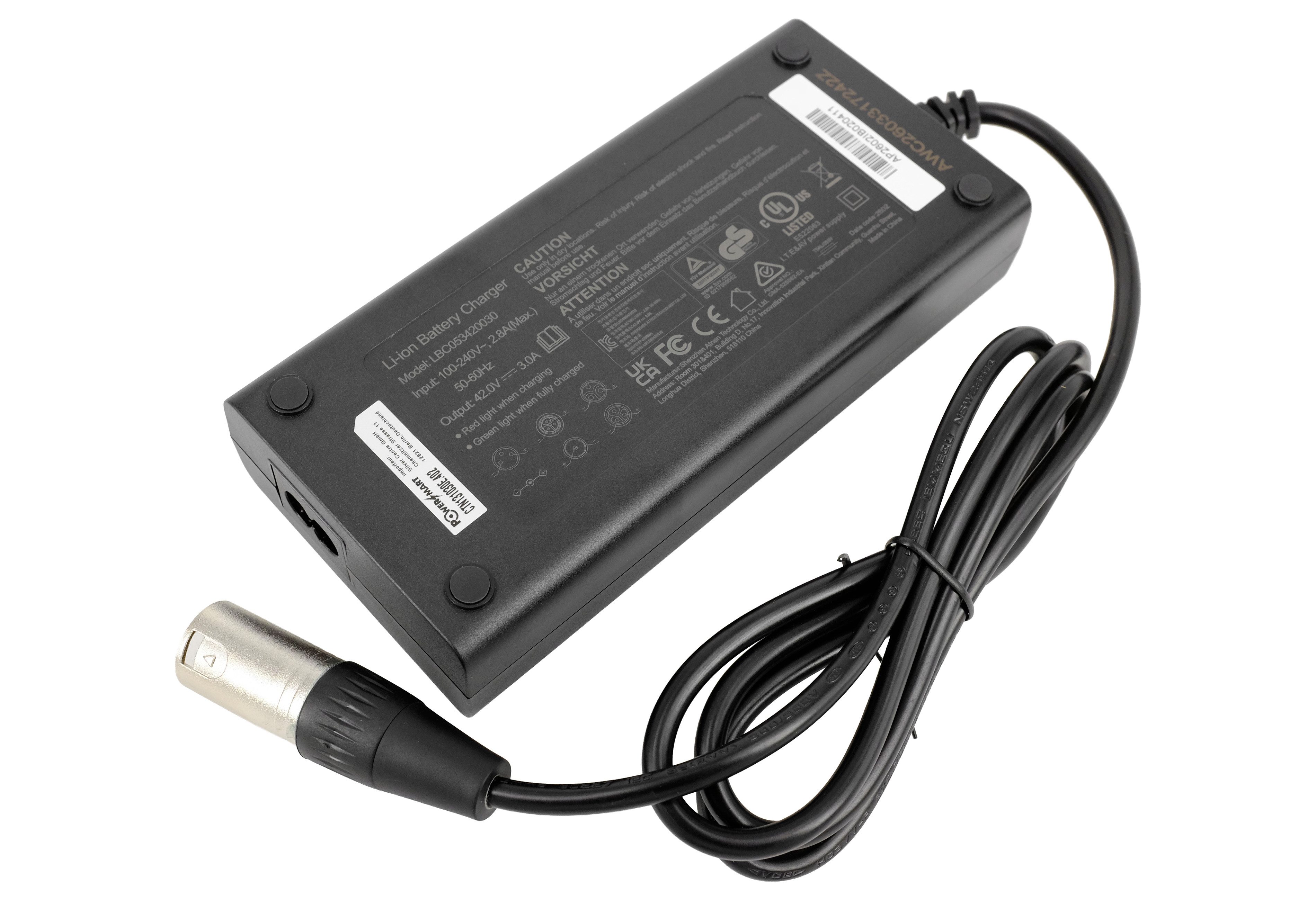 PowerSmart Batterie-Ladegerät (42V 3A für 36V Li-Ionen E-Bike Akkus, XLR-4-Pin-Anschluss) – Bild 4 von 5