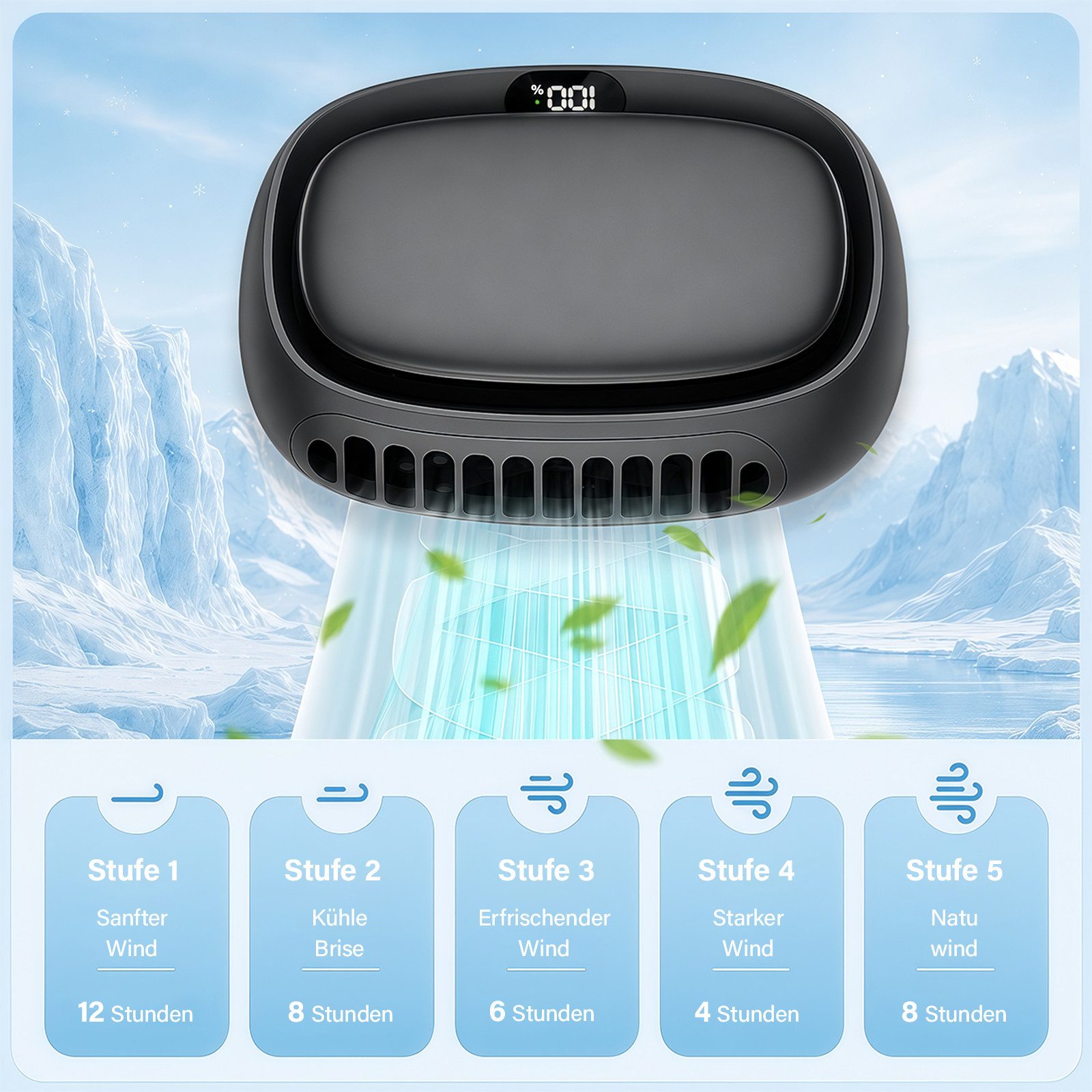MOPUEA Turboventilator Mini Ventilator 4-in-1 Design, 5 Stufen, LED-Display,10h Halsventilato