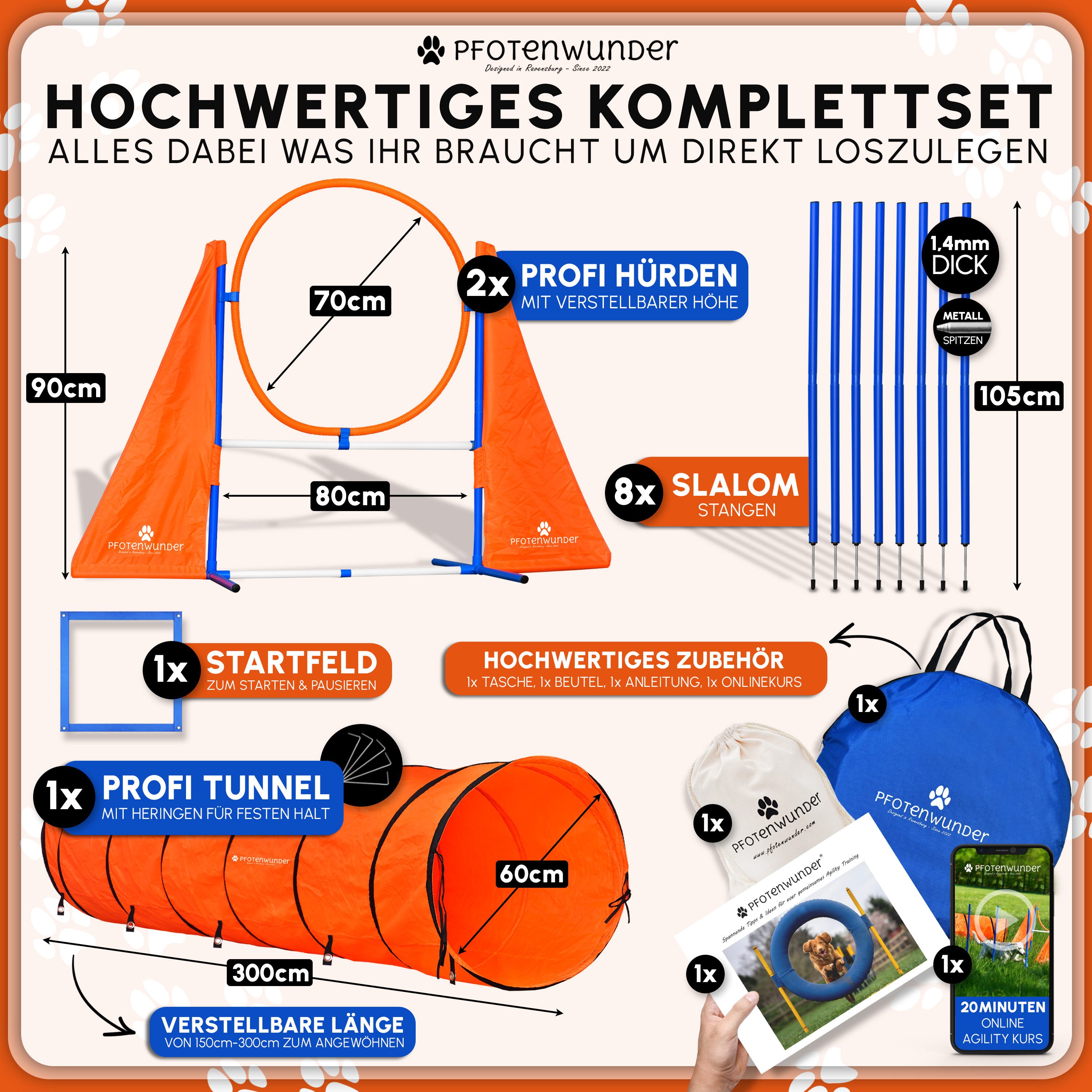 PfotenWunder Agility-Hürde XXL-Profi-Agility Set Hunde Groß für kleine & große Hunde-Training, 2x Multifunktions-Hürden & 3-Meter-Tunnel!
