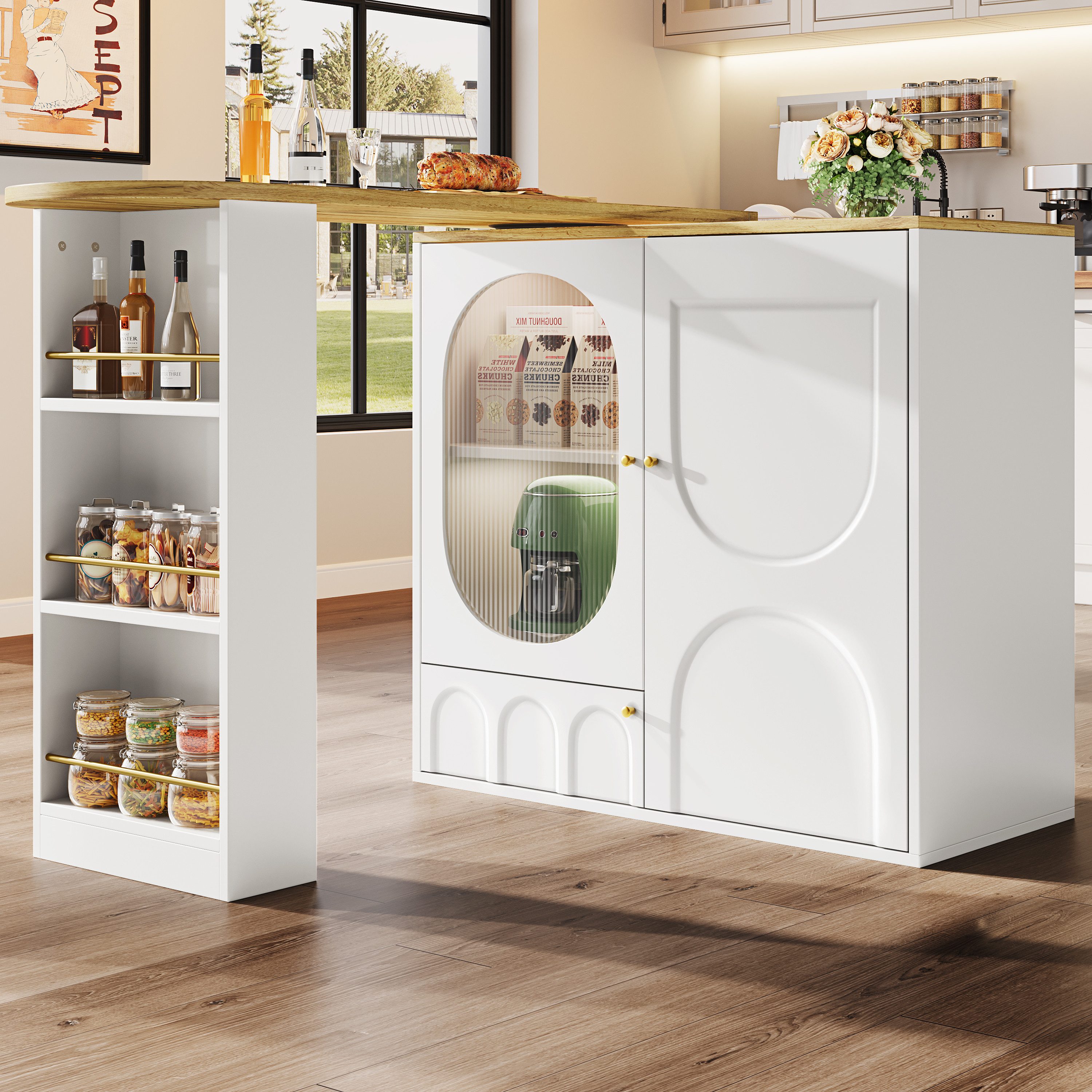KLAM HOME Bartisch 360° drehbarer Bartisch, Stehtisch (Korpus 138 x 39 x 102 cm) (Kaffeebarmöbel, drehbare Esstheke mit Stauraum, Kücheninsel), drei Türen mit Türregalen,herausnehmbare Trennwände