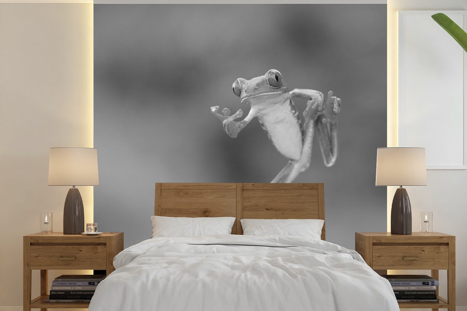 MuchoWow Fototapete Der rotäugige Laubfrosch in Costa Rica in schwarz-weiß, Matt, bedruckt, (5 St), Vinyl Tapete für Wohnzimmer oder Schlafzimmer, Wandtapete