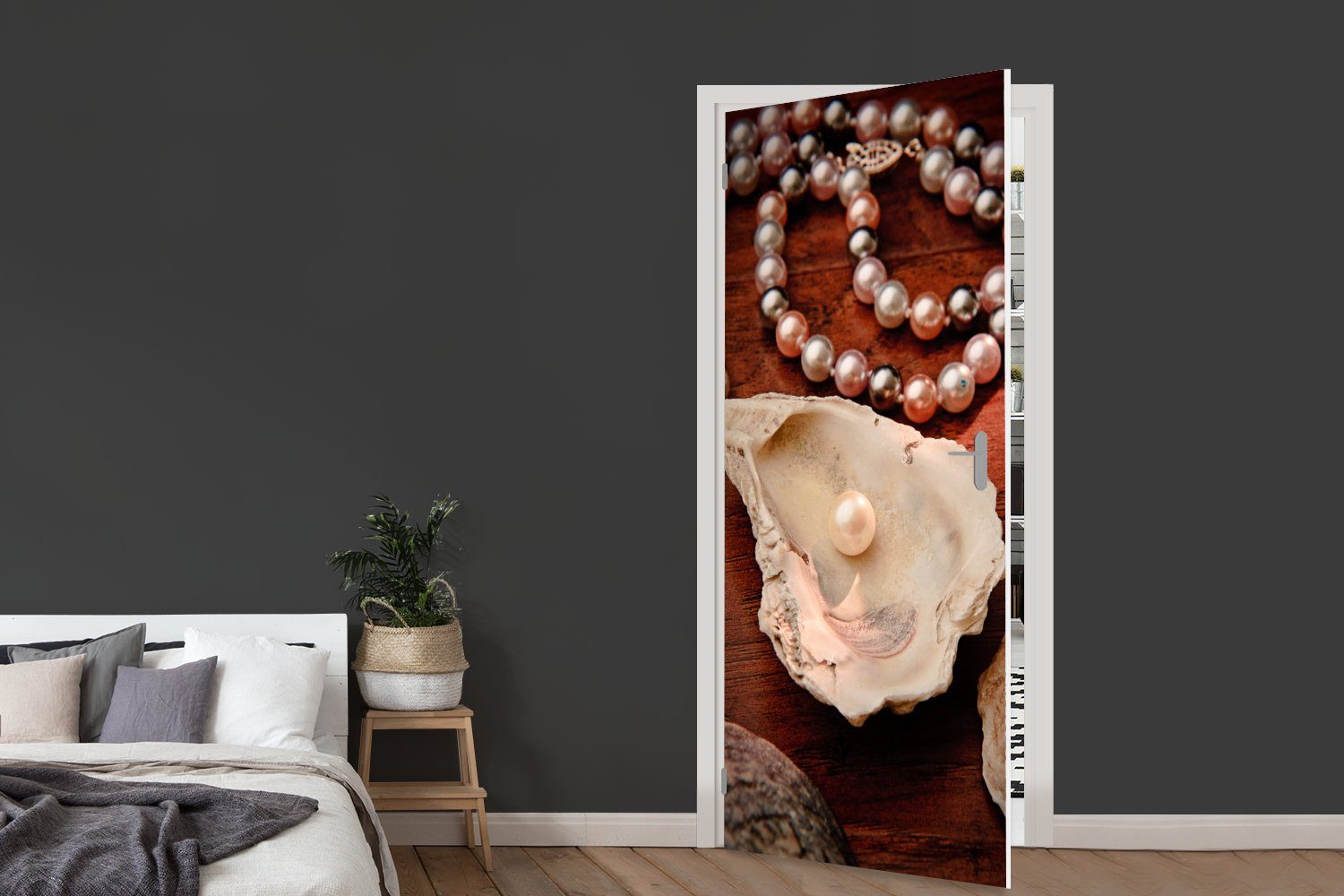 MuchoWow Türtapete Perlenkette entlang der Türaufkleber, cm Auster, für Tür, Fototapete (1 75x205 Matt, St), bedruckt