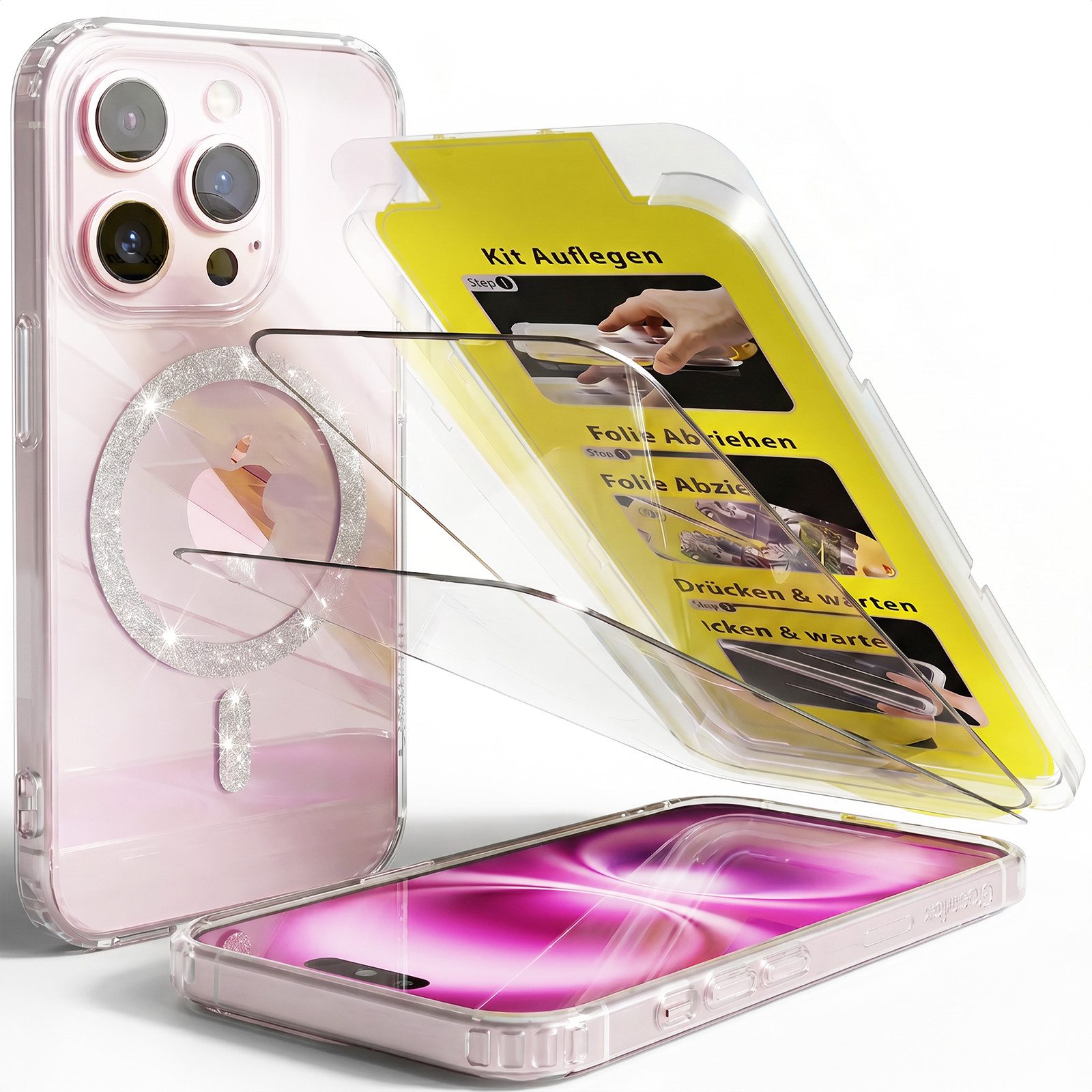 GreenHec Handyhülle Hülle iPhone 18 17 16 15 14 13 Pro Max Plus Glitzer Case Transparent 7 Zoll, Glänzend Magnetring, Transparent Hülle iPhone, GreenHec Clear Case