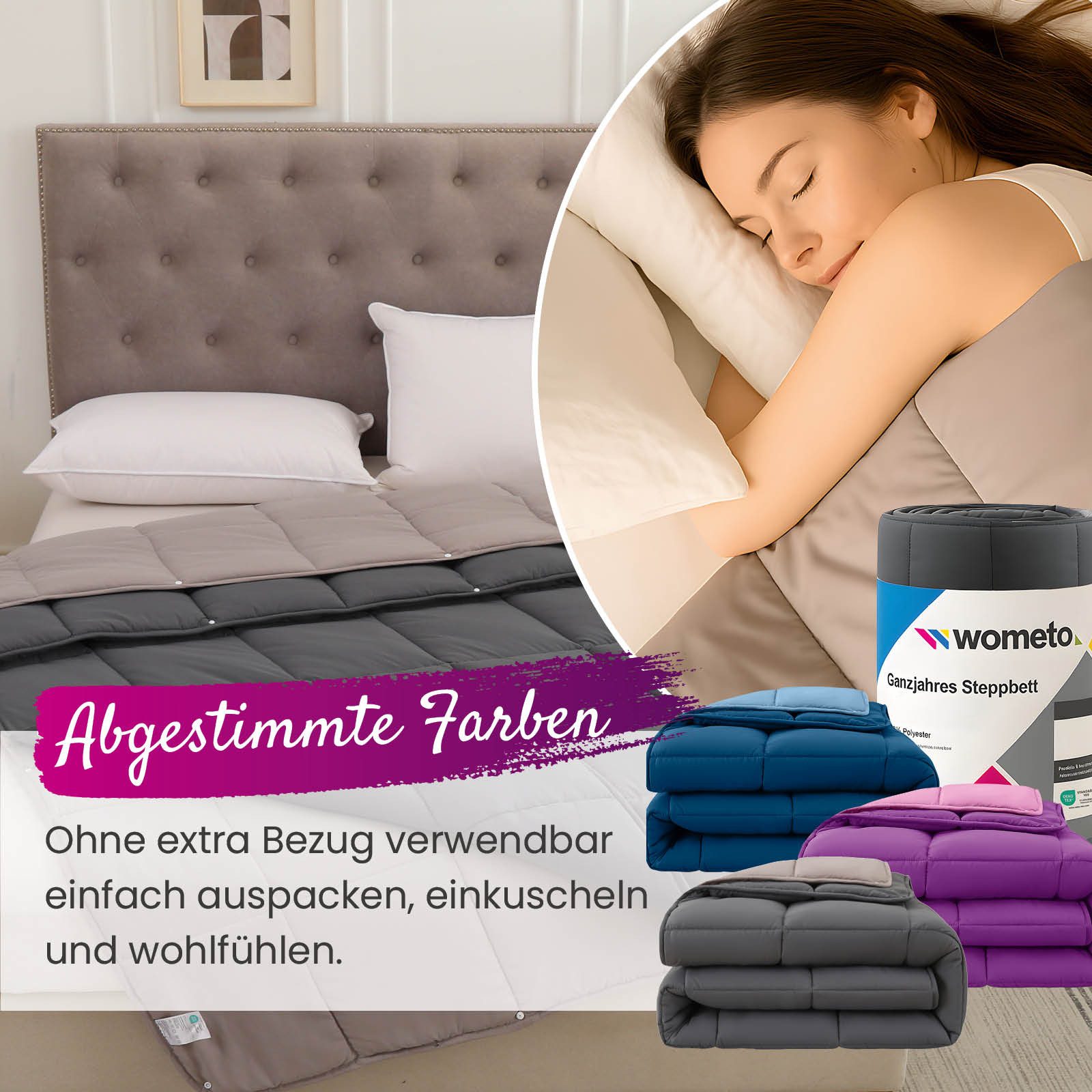 wometo Microfaserbettdecke 4-Jahreszeiten Steppbett Bi-Color, 2 Deckengrößen, Füllung: Kunstfaser, OEKO-TEX®, gesteppte Bettdecke für das ganze Jahr – Bild 5 von 5