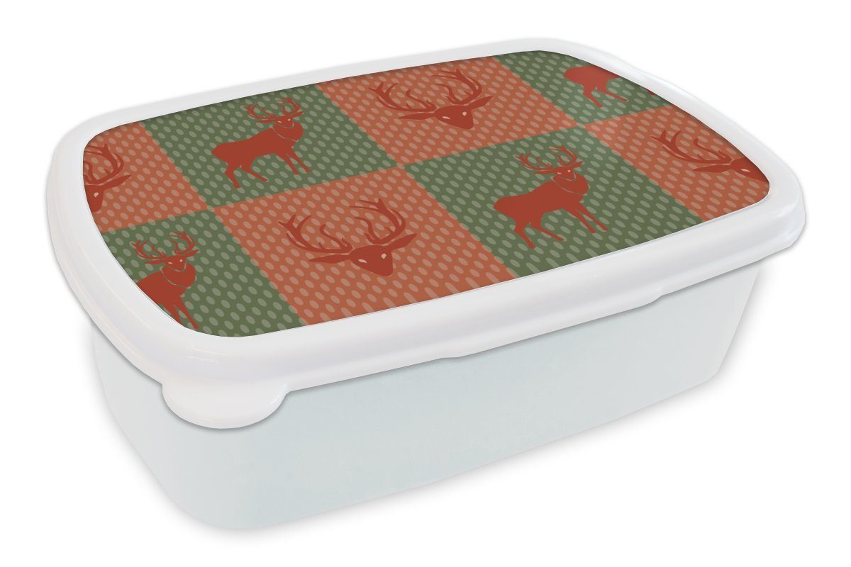 Brotbox für MuchoWow (2-tlg), Kinder - - Jungs Erwachsene, weiß - Muster Mädchen Hirsche und Lunchbox Grün Brotdose, für Rot, und Kunststoff,