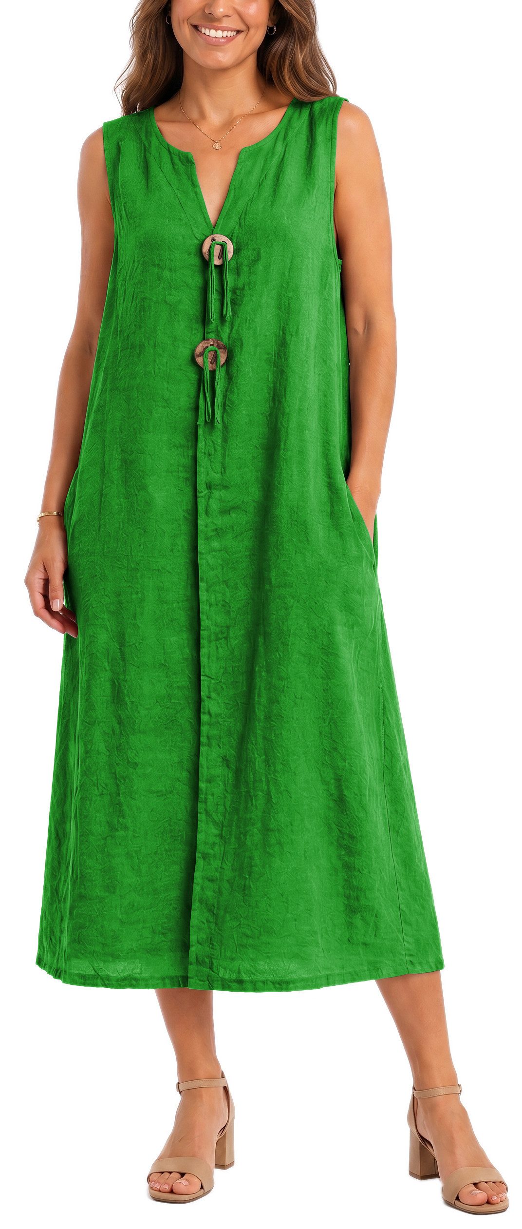 dy_mode Sommerkleid Damen Leinenkleid Luftiges Maxi Sommerkleid Strandkleid Damenkleid in Unifarbe, V-Ausschnitt, mit seitlichen Eingriffstaschen