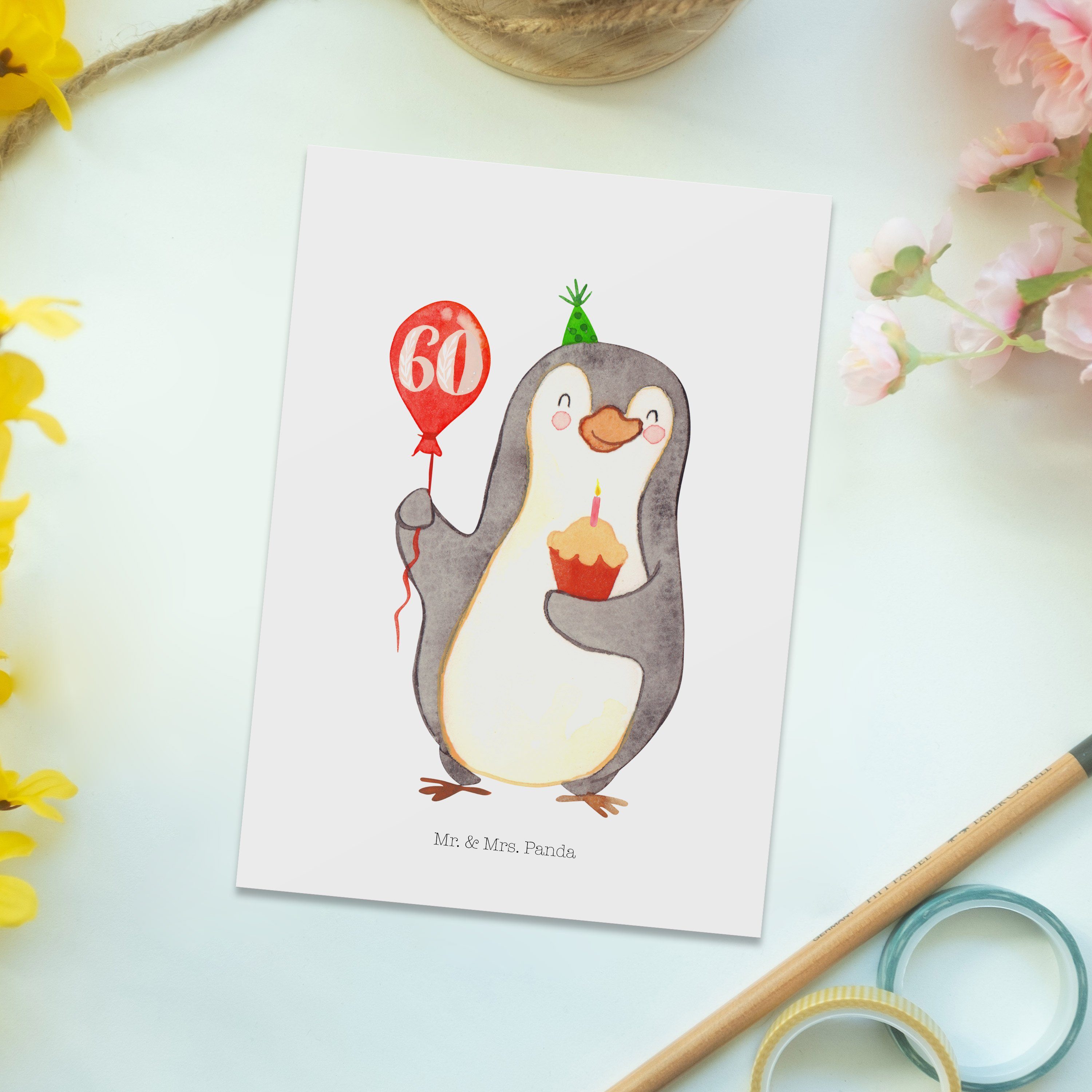 Mr. & Mrs. Panda Postkarte Weiß Luftballon 60. - Dankeskar Party, Geschenk, Pinguin - Geburtstag