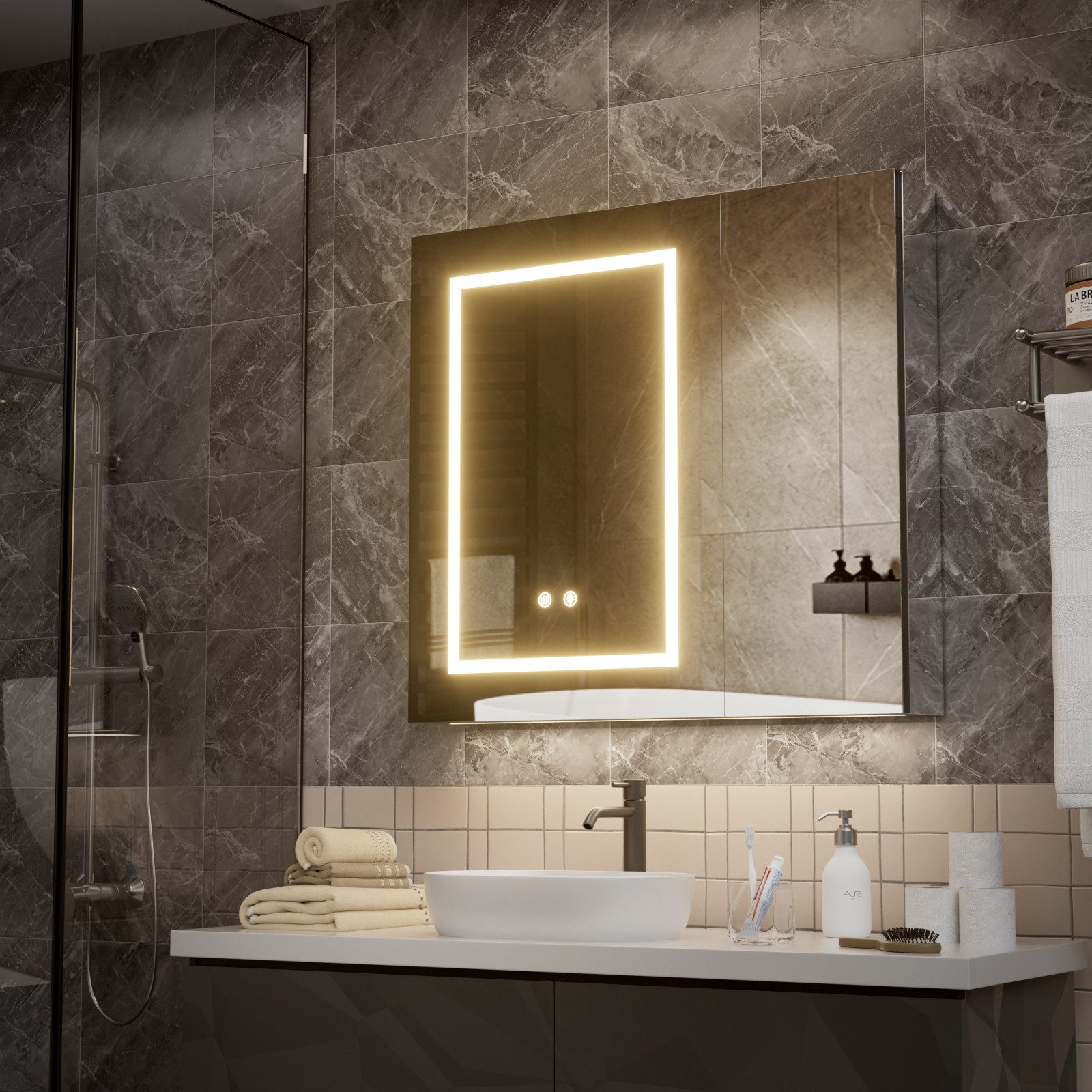 TWSOUL Badezimmerspiegelschrank Spiegelschrank Bad mit LED Beleuchtung und Steckdose, 75x13x70cm