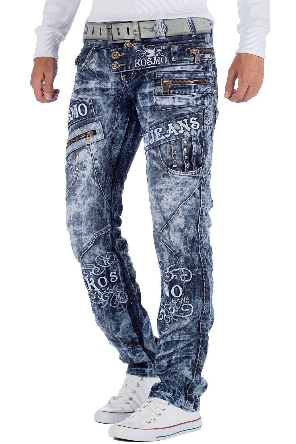 Kosmo Lupo blau Herren BA-KM051 Verzierungen Waschnung und Hose Markante 5-Pocket-Jeans Auffällige