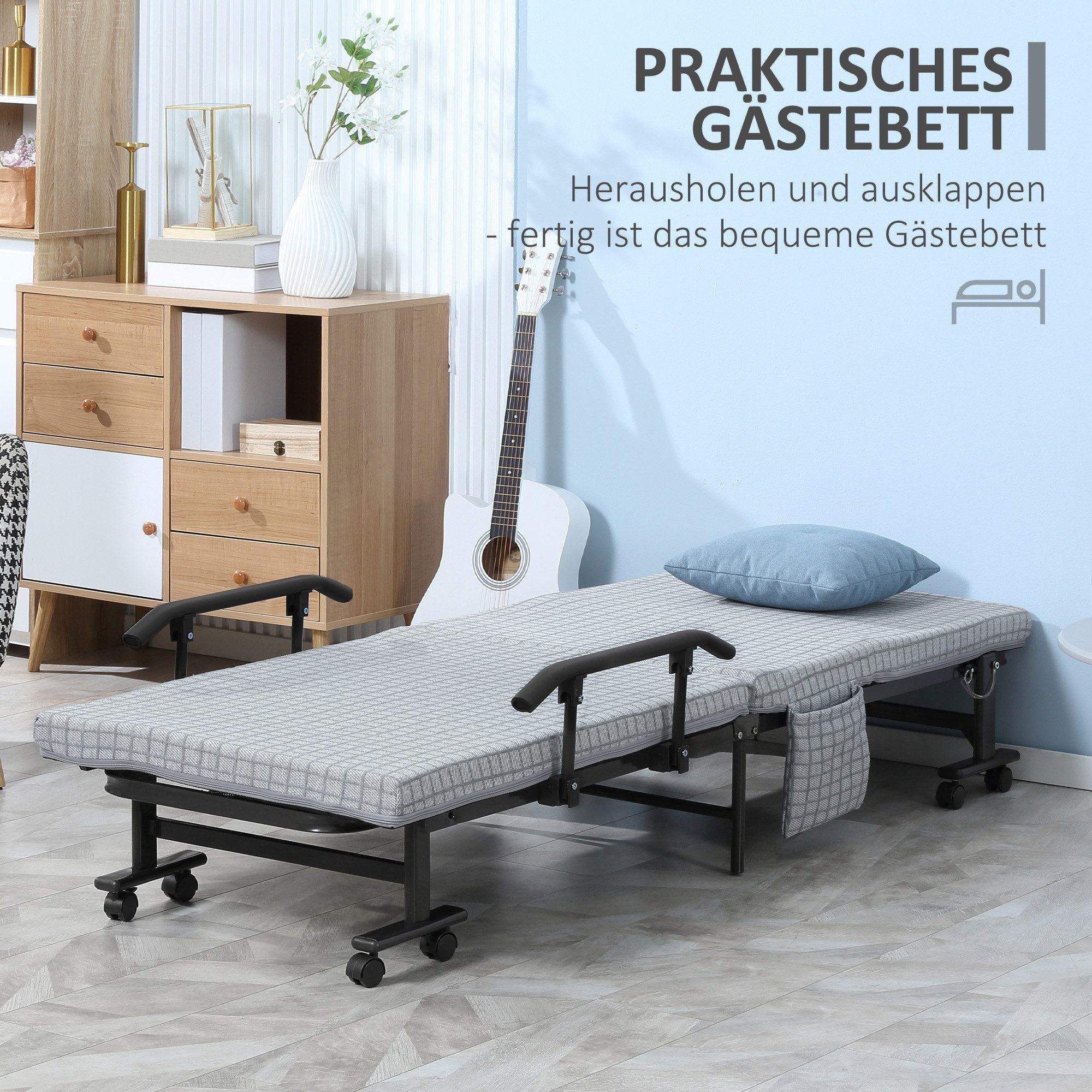 OKWISH Gästebett Klappbett 190x76x33cm mit Rollen & 5-stufiger Rückenlehne (Packung, 1-St., Platzsparendes Gästesofa, Gästebett & Reisebett aus Stahlrahmen) mit flexibler Liegefläche für Wohnzimmer, Büro & Camping
