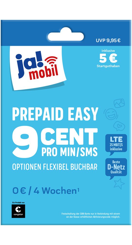 Ja! Mobil Prepaid Easy Simkarte mit 5 € Startguthaben Prepaidkarte, (9 ct in alle deutschen Netze, EU-Roaming inkl. Schweiz, ohne Vertrag)