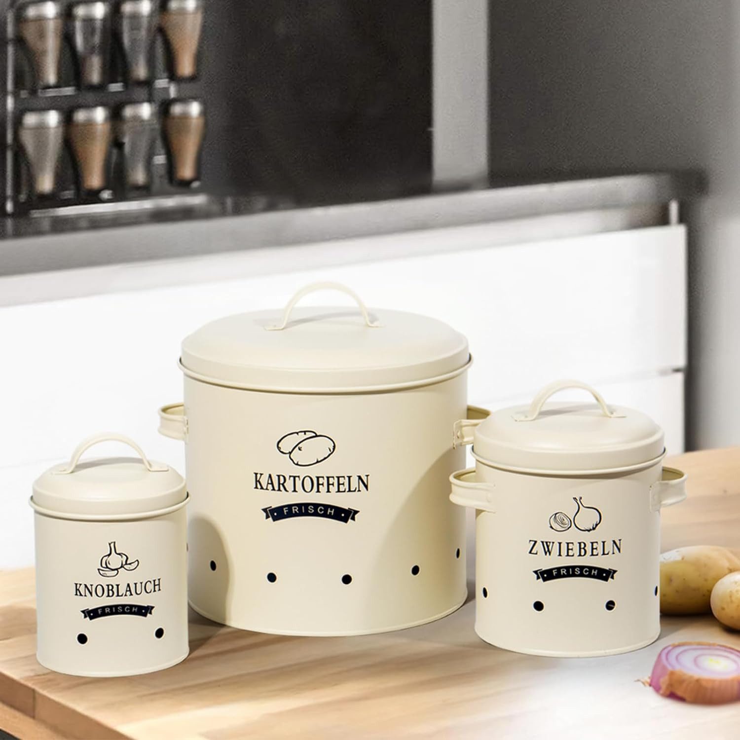 Zedelmaier Vorratsdose Aufbewahrung Kartoffeln Set für Kartoffeln,Zwiebeln,Knoblauch Metall, (TDYC-SET), Zwiebeltopf Kartoffeltopf Knoblauchtopf,Runde Form