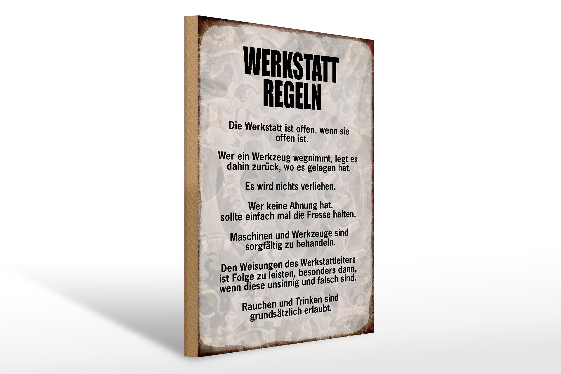 Femer GmbH Holzbild Spruch 30x40cm Werkstatt Regeln Werkzeug, Auto Motorrad Werkstatt Garage, Sprüche Zitate Lustiges (1 St), Glatte Holzfaserplatte (MDF), vorn beschichtet