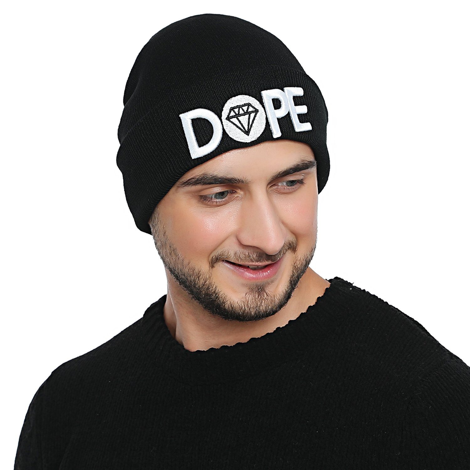 DonDon Beanie stylische Beanie mit -"DOPE" Winter Krempe Wintermütze, mit Herren Statement-Print, coolem schwarz Strickmütze (Packung, 1-St)