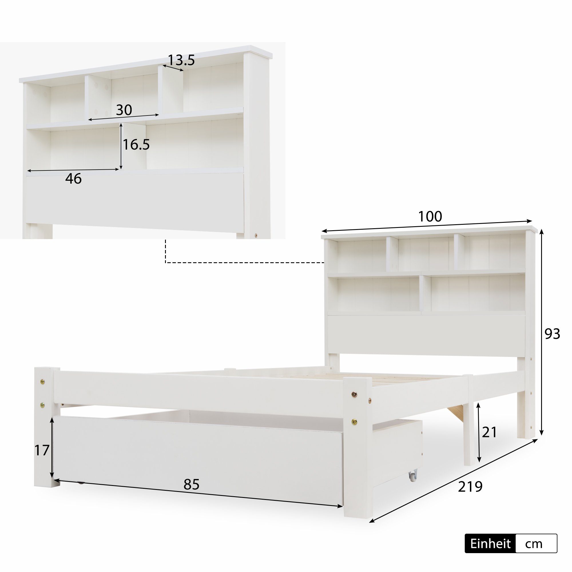 Massivholzbett (Einzelbett mit Schublade und Lattenrost), Holzbett mit Bücherregal, Kinderbett Jugendbett 90x200 cm