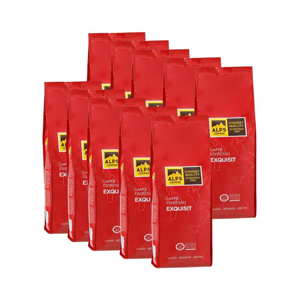 Alps Coffee Kaffee Caffé Espresso Exquisit 1kg Kaffeebohnen Arabica, 10 x 1000 g, kräftig und aromatisch