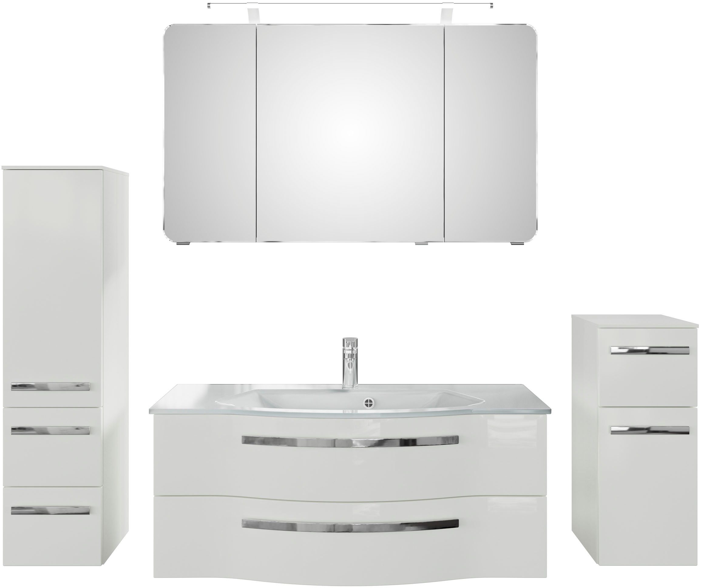 Saphir Badmöbel-Set Serie 4005, vormontiert, Glaswaschbecken, Spiegelschrank, (Set, 5-St), Badezimmer-Set mit Unterschrank, Midischrank, inkl. Türdämpfer