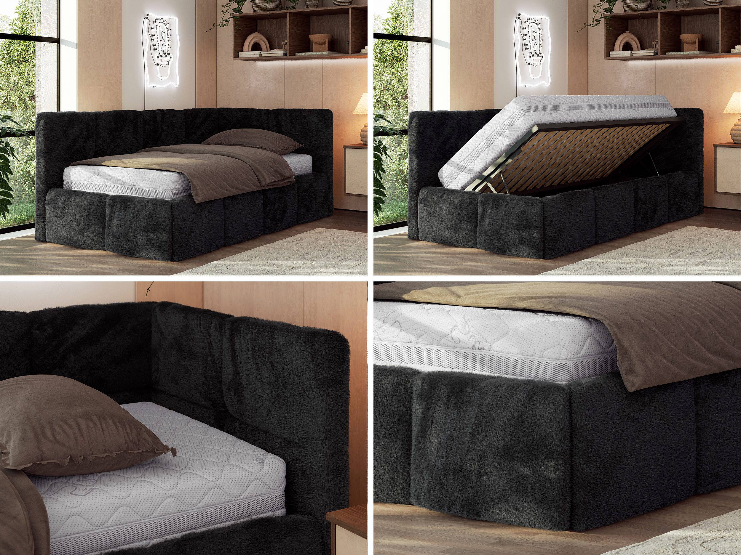 MKS MÖBEL Jugendbett ARVO 90x200 (Set, inkl. Lattenrost, Bettkasten und gepolstertem Kopfteil), Eckbett mit Stauraum, Polsterbett mit Gasdruckfedern