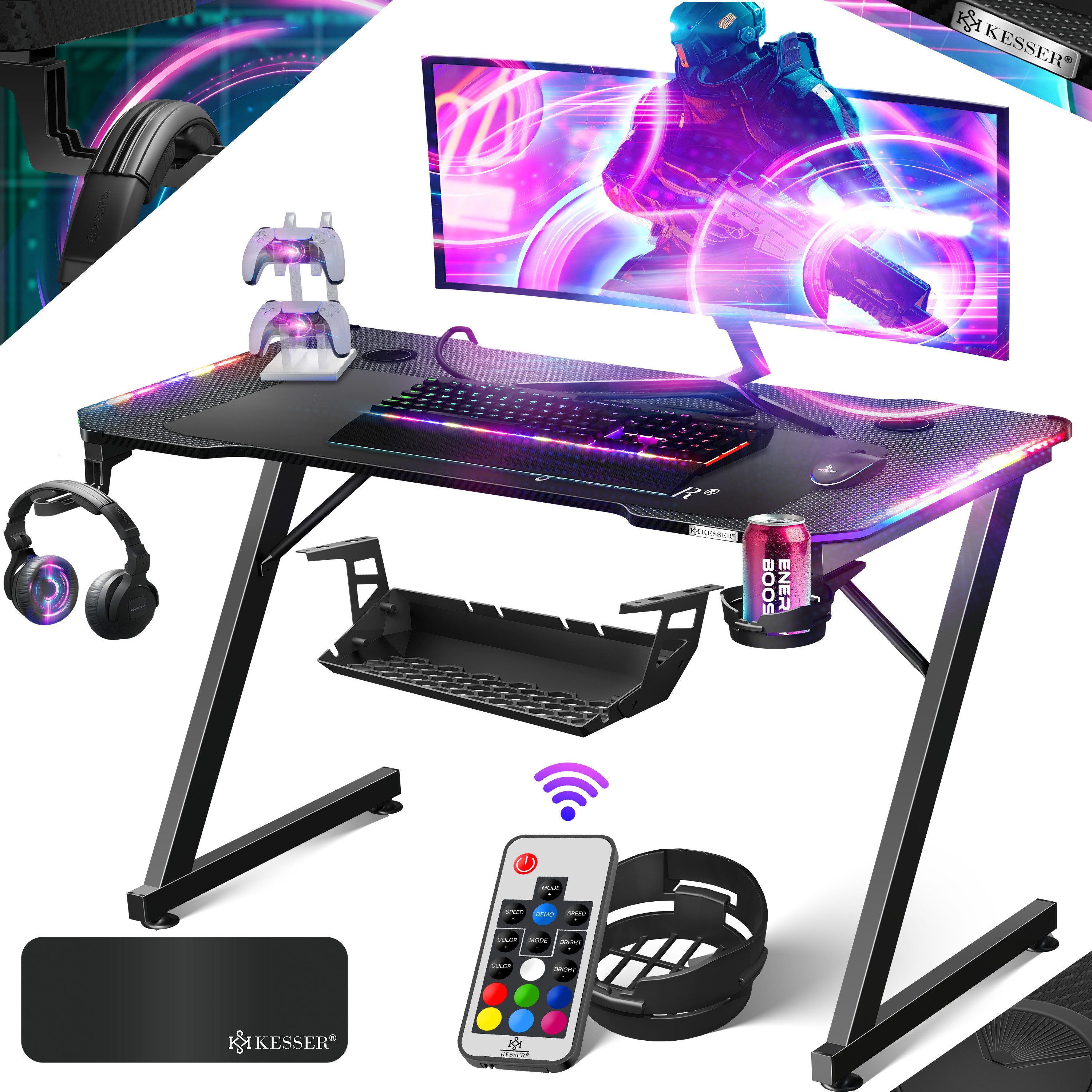 KESSER Gamingtisch, Gaming Schreibtisch mit Getränkehalter Ergonomischer Gamer Tisch
