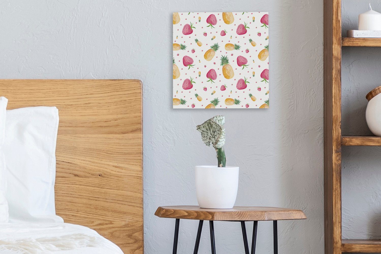 OneMillionCanvasses® Leinwandbild Schablonen, Leinwand Erdbeeren St), - Wohnzimmer für - - (1 Bilder Schlafzimmer Aquarell Ananas