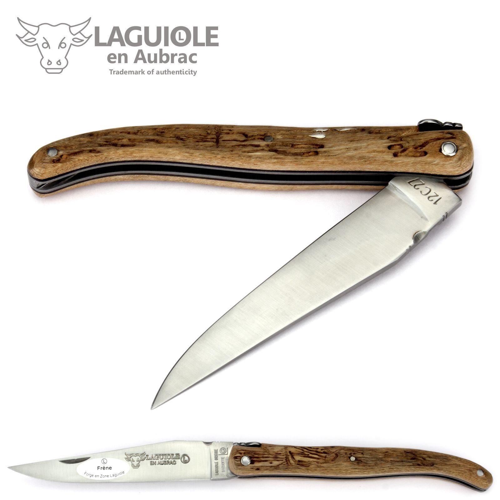 Laguiole en Aubrac Taschenmesser L0512FQIF, Griff 12cm Esche (plein manche) - Feder verziert - Stahl satiniert