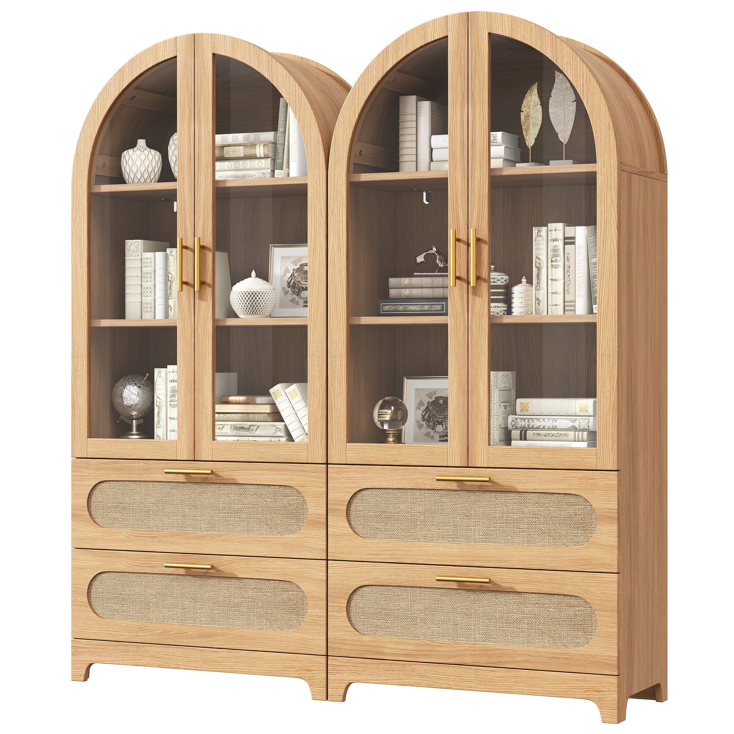 BlingBin Vitrine Bogen-Hochschrank mit Glastüren, 2 Schubladen (2-St., Vitrinenschrank 80 × 40 × 175 cm) Bücherregal, 3 verstellbaren Einlegeböden, mit Kippschutz