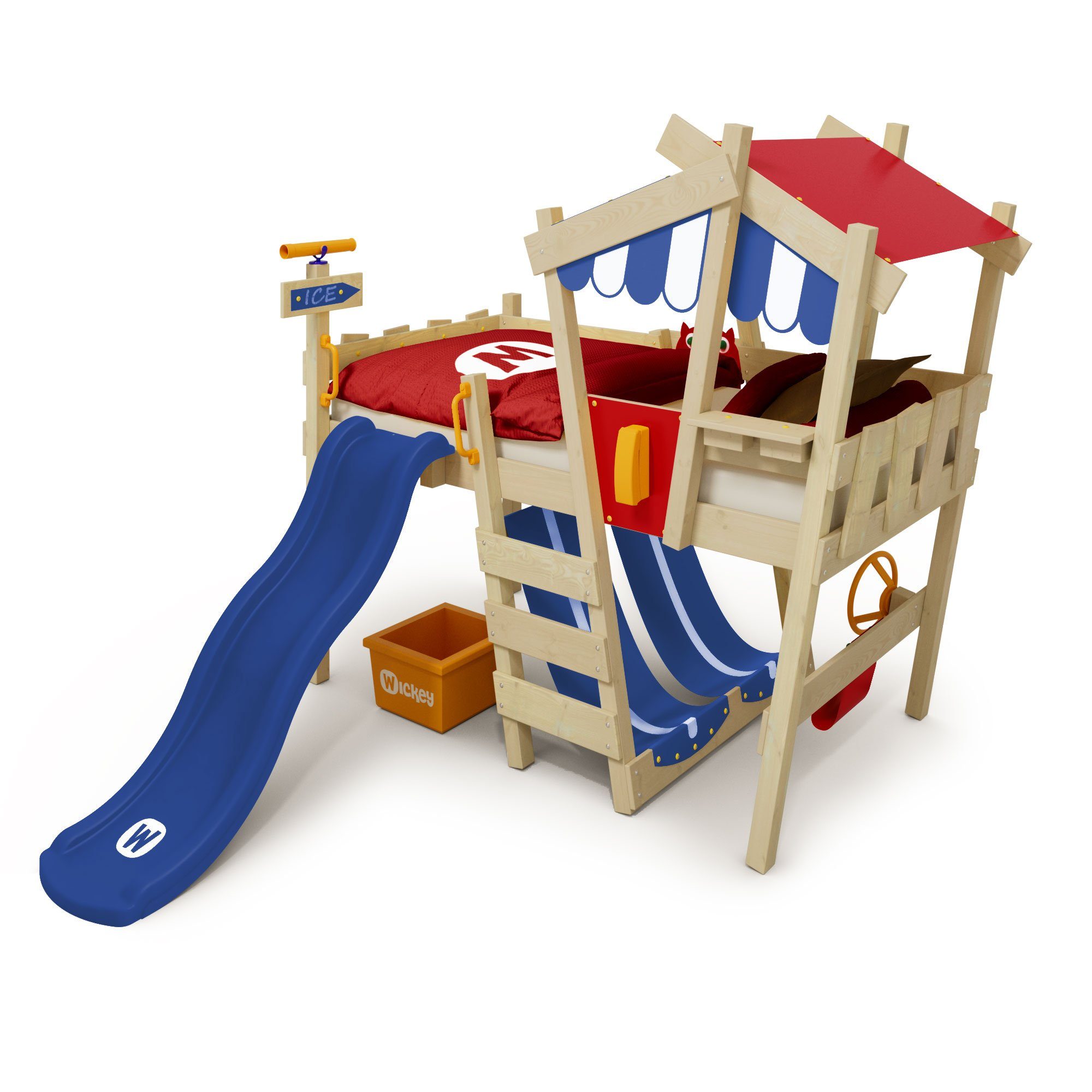 Spielbett x Brettern, 200 Massivholzbett Kinderbett Crazy cm, Kinder), - Blau/Blau/Rot (Holzpaket Hutty Pfosten für Rutsche und Spielbett mit Etagenbett aus Wickey 90