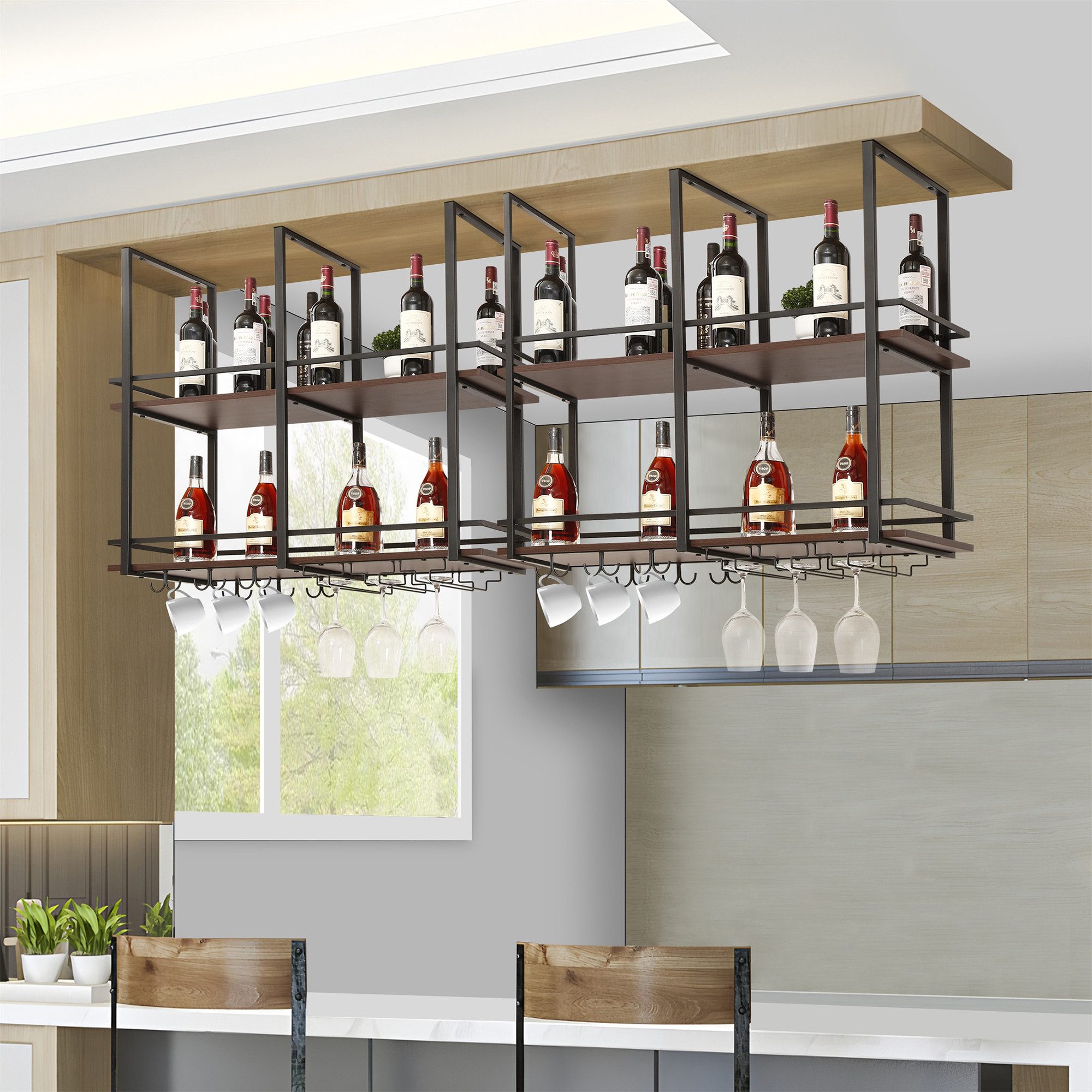 en.casa Weinregal, »Hubro« mit Glashalterung 100 x 30 x 85 cm Schwarz/Walnussoptik
