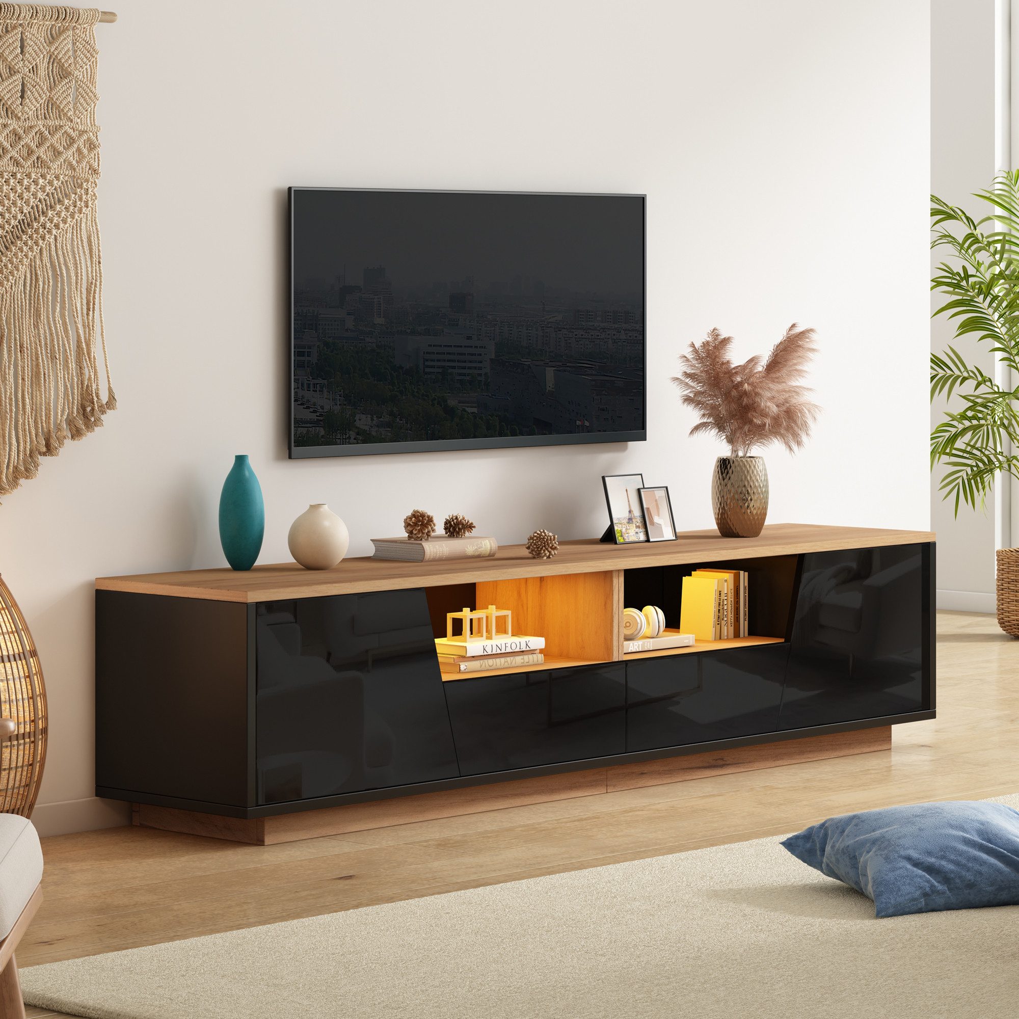 STILVORA Lowboard Hochglanz-TV-Schrank mit 2 Schubladen Fernsehschrank mit LED (TV-Möbel mit kombiniertem Stauraum, 1 St., 180×40×46cm, 2 Schränke, App-Licht, Spanplatte), für Wohnzimmer, Wohnbereich, Multimedia-Bereich