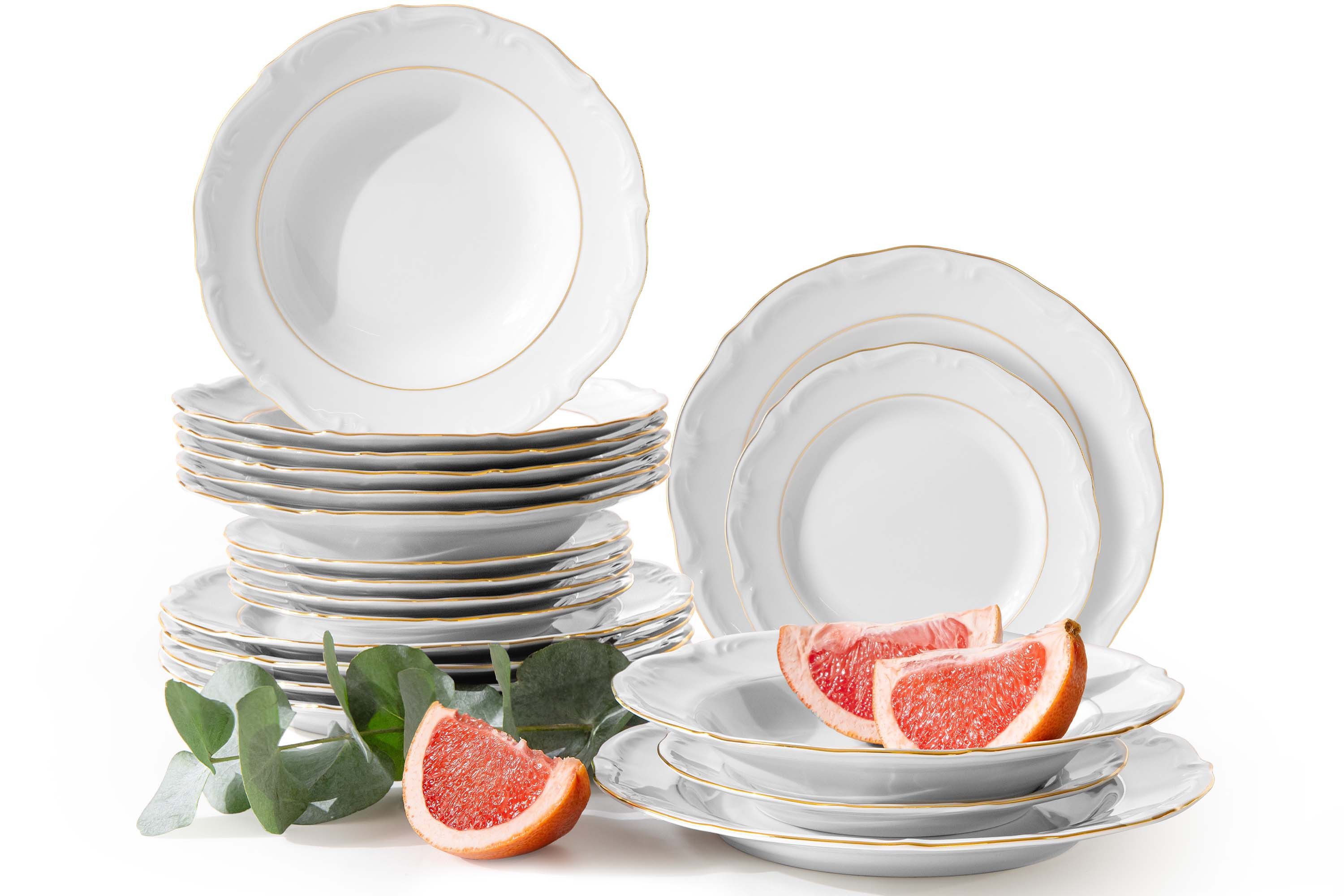 KONSIMO® Tafelservice CHODZIEZ MARIA TERESA Geschirrset, Hochwertiges Premium-Porzellan (18-tlg), 6 Personen, Porzellan, elegantes Tafelservice, Handdekoration in echtem Gold