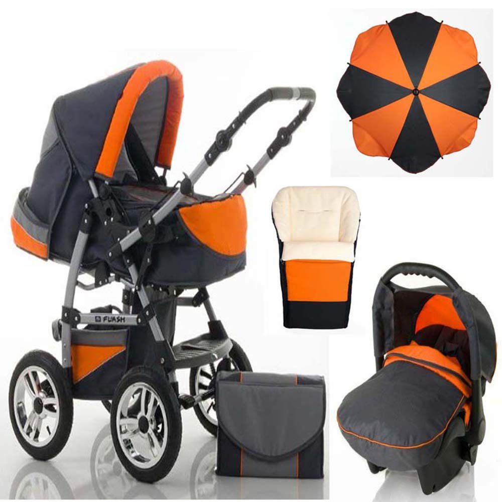 babies-on-wheels Kombi-Kinderwagen 5 in 1 Kinderwagen-Set Flash inkl. Autositz - 17 Teile - in 18 Farben Anthrazit-Orange