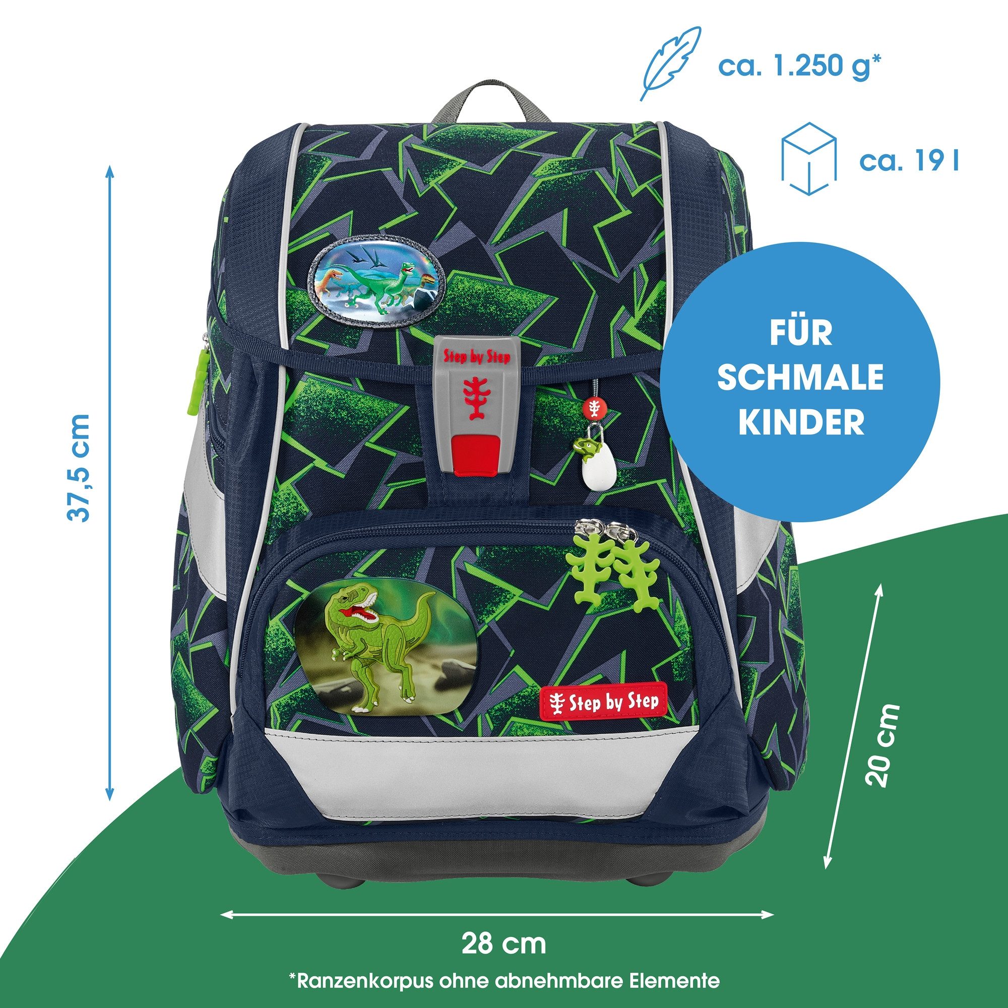 Step by Step Schulranzen 2IN1 PLUS „Wild T-Rex Taro“, 10-teilig, grün (6-teilig, 10-tlg)