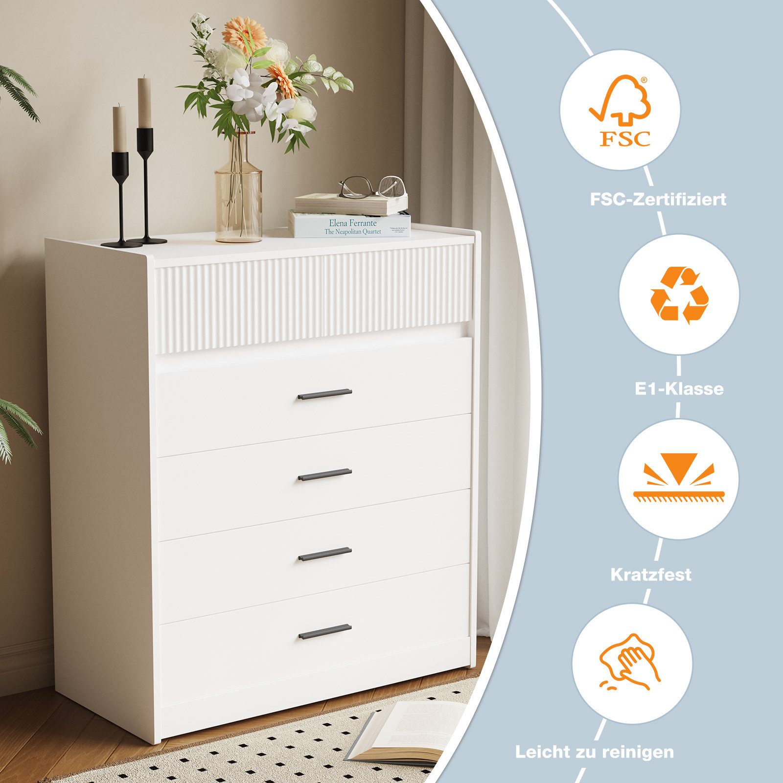 HOMAVO Kommode DG1 mit 6 Schubladen für Wohnzimmer Schlafzimmer modern & geräumig, FSC®, viel Stauraum, pflegeleicht-74 × 40 × 90 cm (B × T × H)