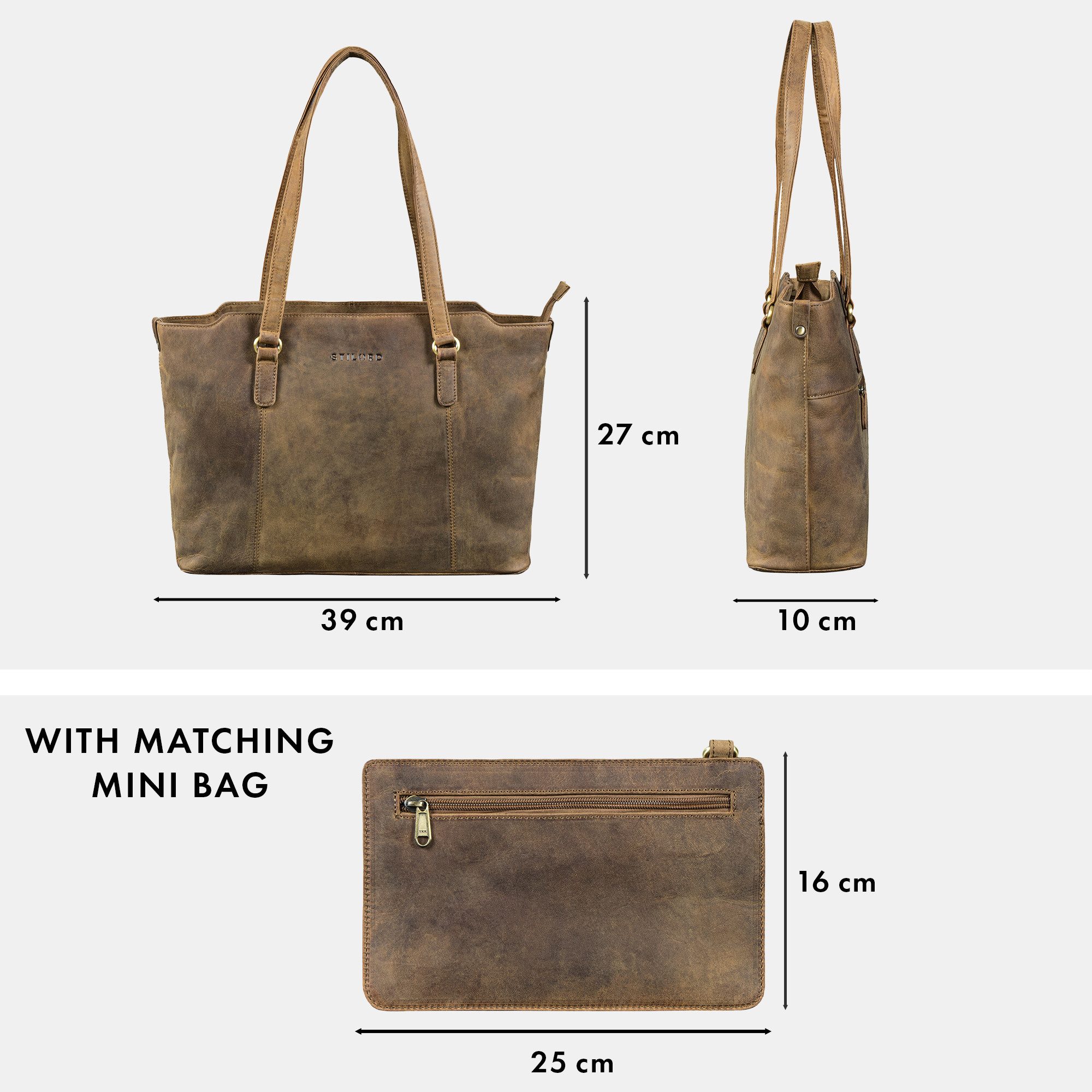 STILORD Laptoptasche "Livia" Leder Shopper Tasche Damen Groß 2-teiliges Set mit Clutch