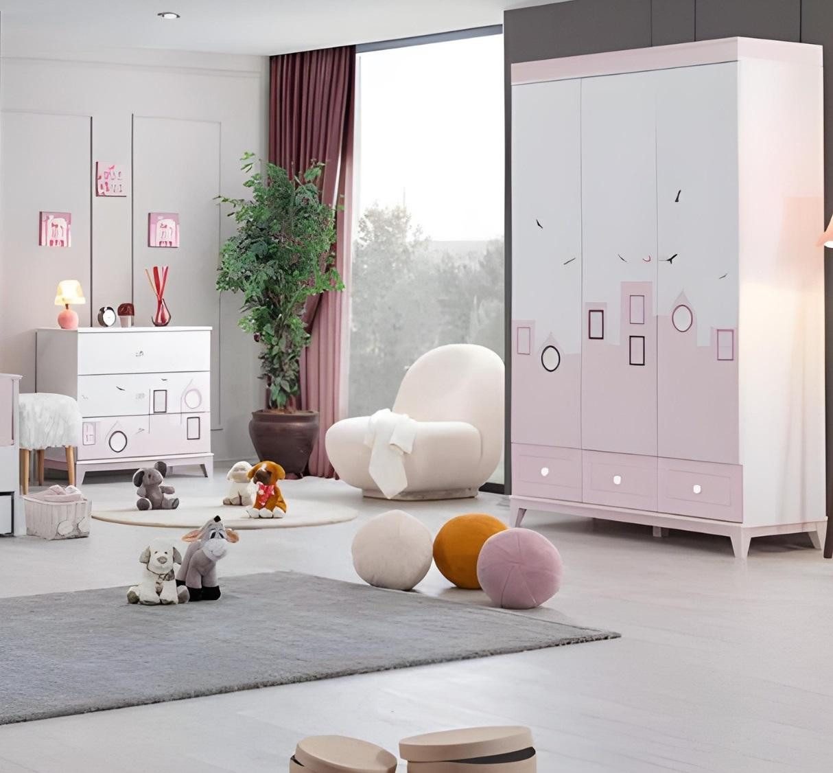 Jugendzimmer-Set Rosa Kinderzimmer Möbel aus Holz mit Kleiderschrank und Kommode