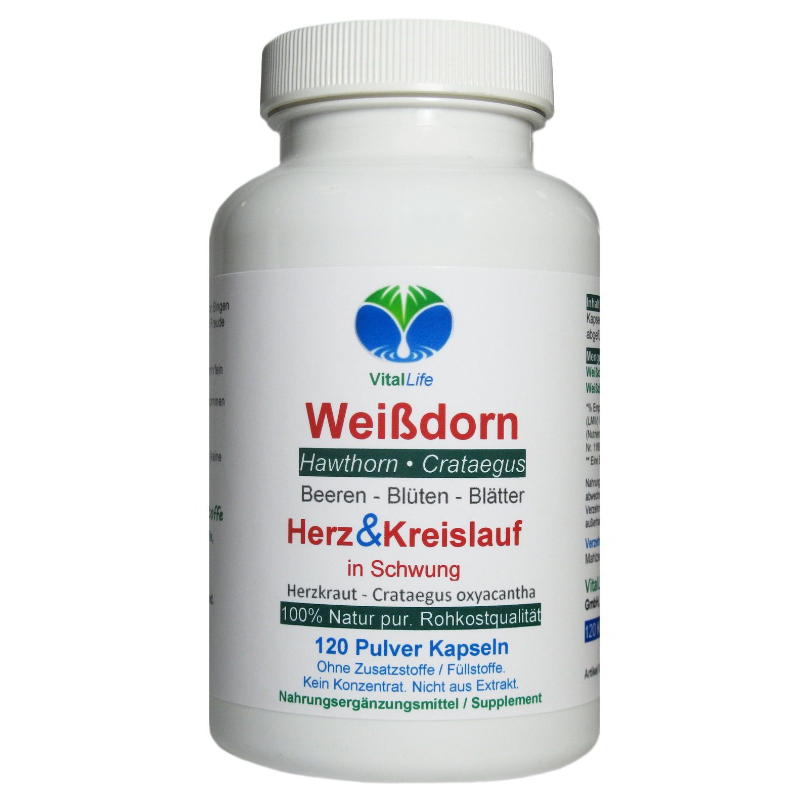 VitalLife Weissdorn Weißdorn NATUR pur Weißdornbeeren & Weißdornblätter Kapseln, 1 er Dose à 120 St., 58 g, Art. 27100-120