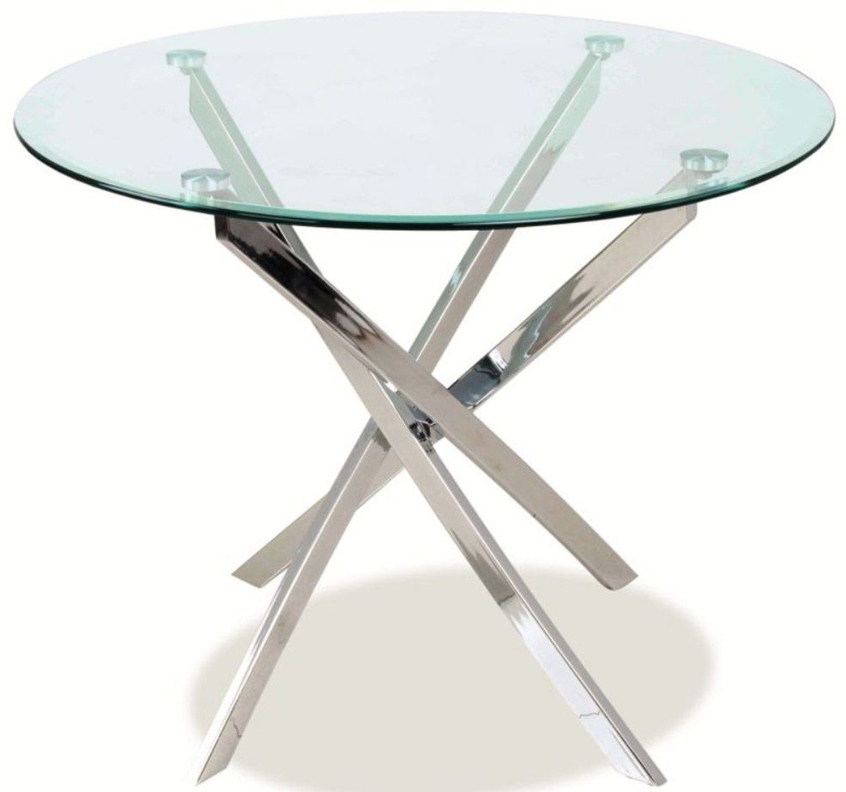 Esstisch Luxus Esstisch Silber Ø 90 x H. 75 cm - Moderner runder Esszimmertisch mit gehärteter Glasplatte und verchromten Metall Tischbeinen - Küchenmöbel