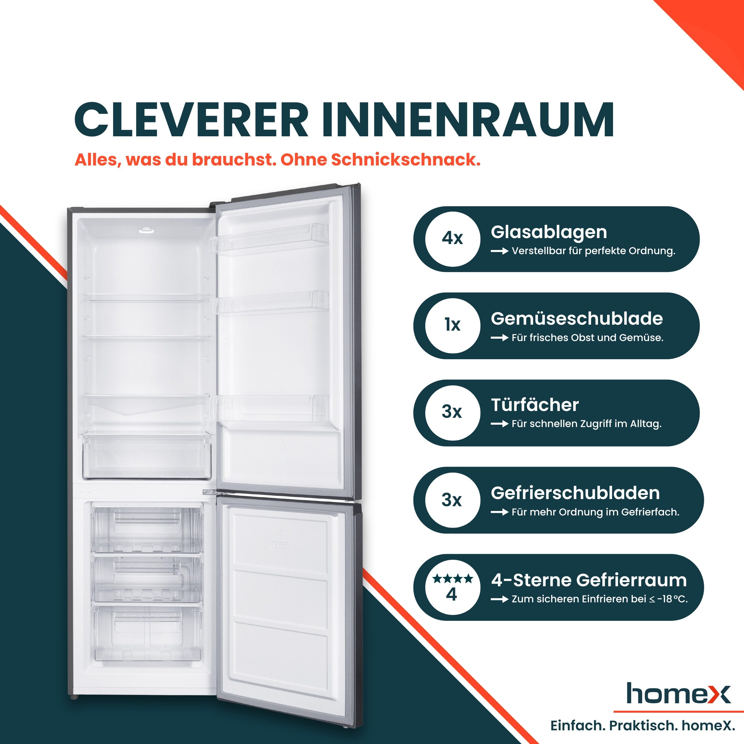 homeX Kühl-/Gefrierkombination CFS3151C-S, 186 cm hoch, 60 cm breit, 315 Liter Nutzinhalt, Kühlschrank mit Gefrierfach, freistehend, groß – Bild 3 von 5