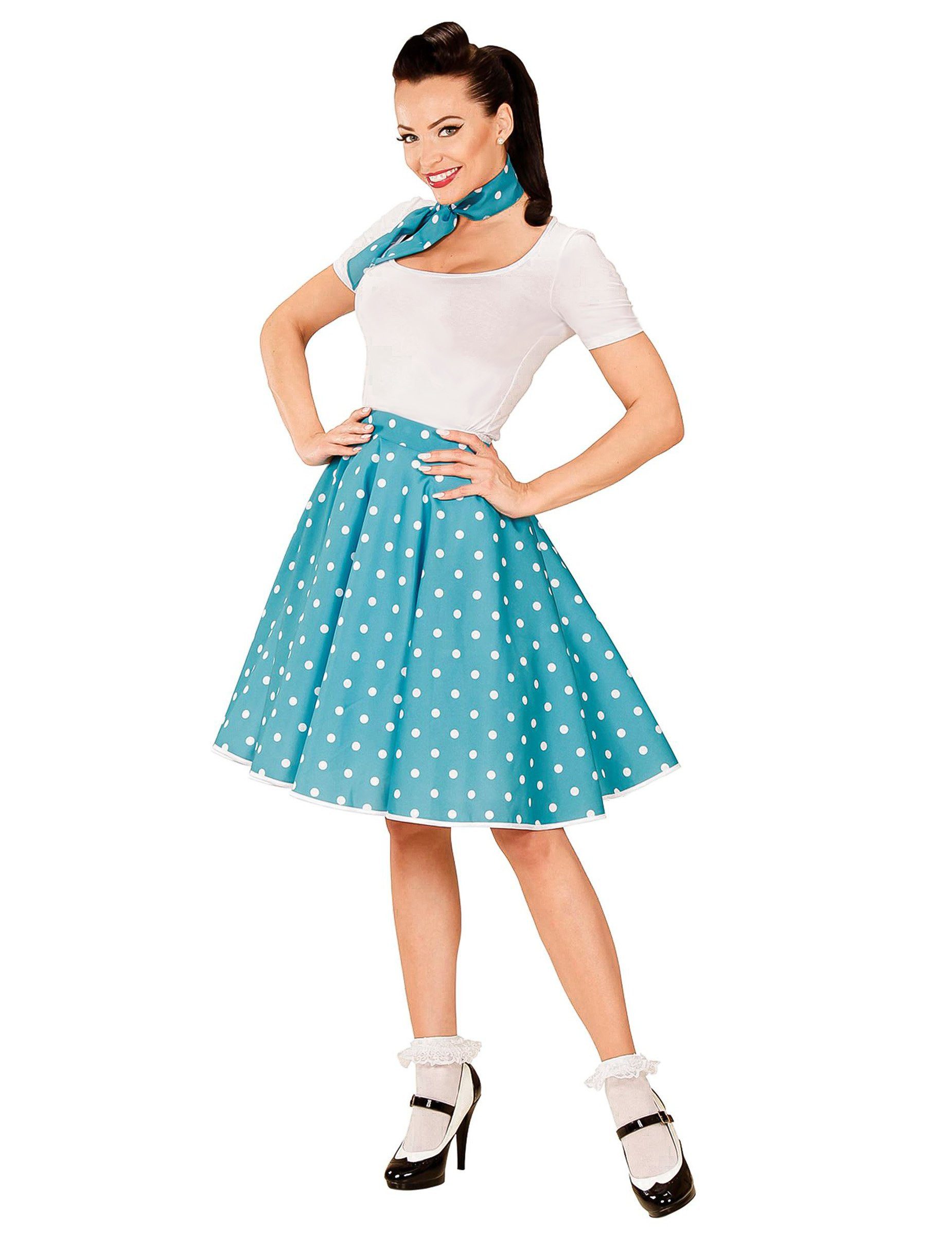 Widmann S.r.l. Kostüm 50er Jahre Petticoat-Rock und Halstuch Dots blau-weiss