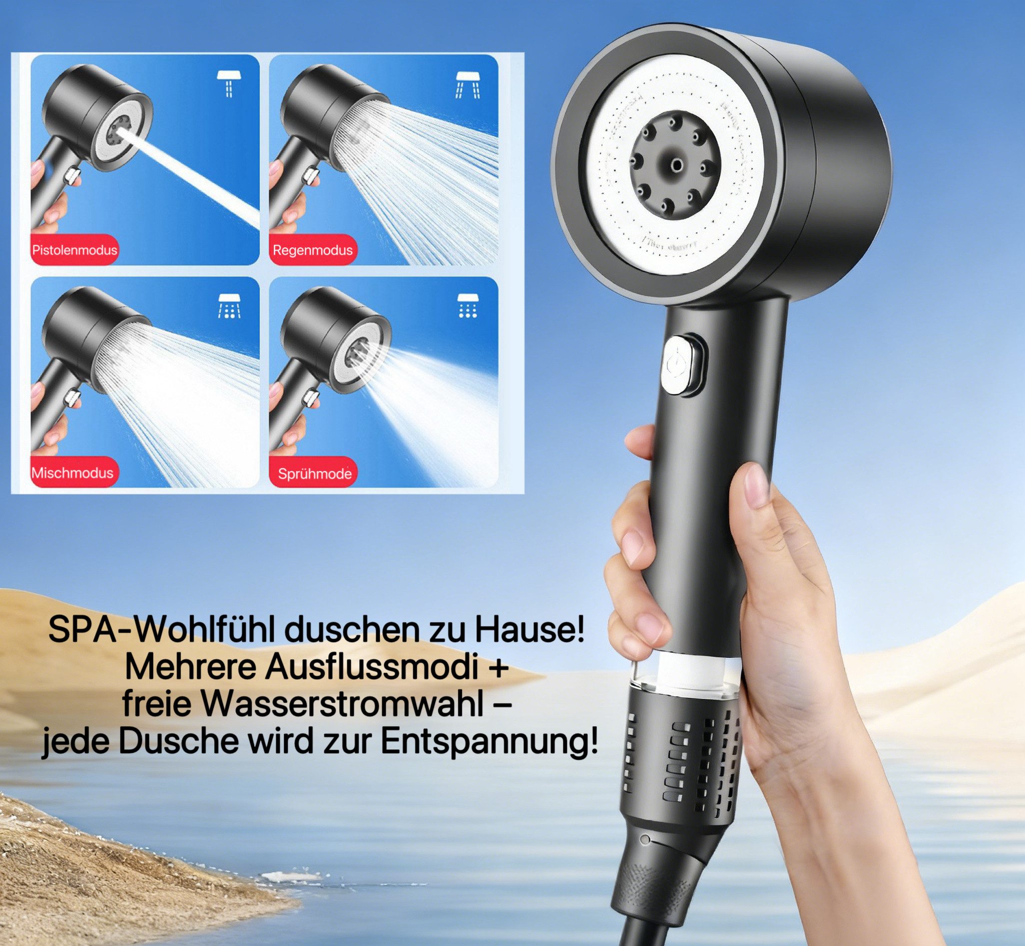HoyoLee Handels GmbH Duschbrause Handdusche mit Einbaufilter – 4 Wasserstufen, Metall & SPA-Erlebnis