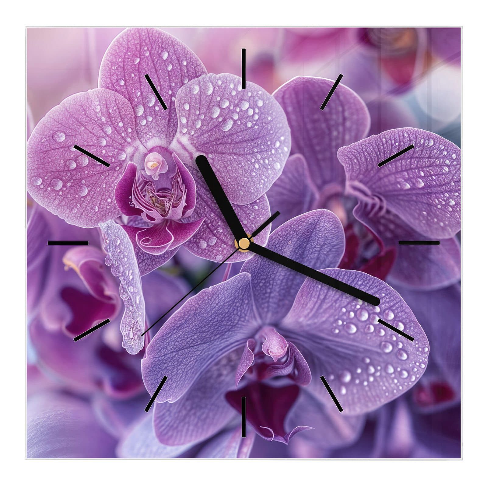 Wanduhr Glasuhr Wanduhr Wandkunst Größe 30 x 30 cm mit Motiv Orchideenblüten