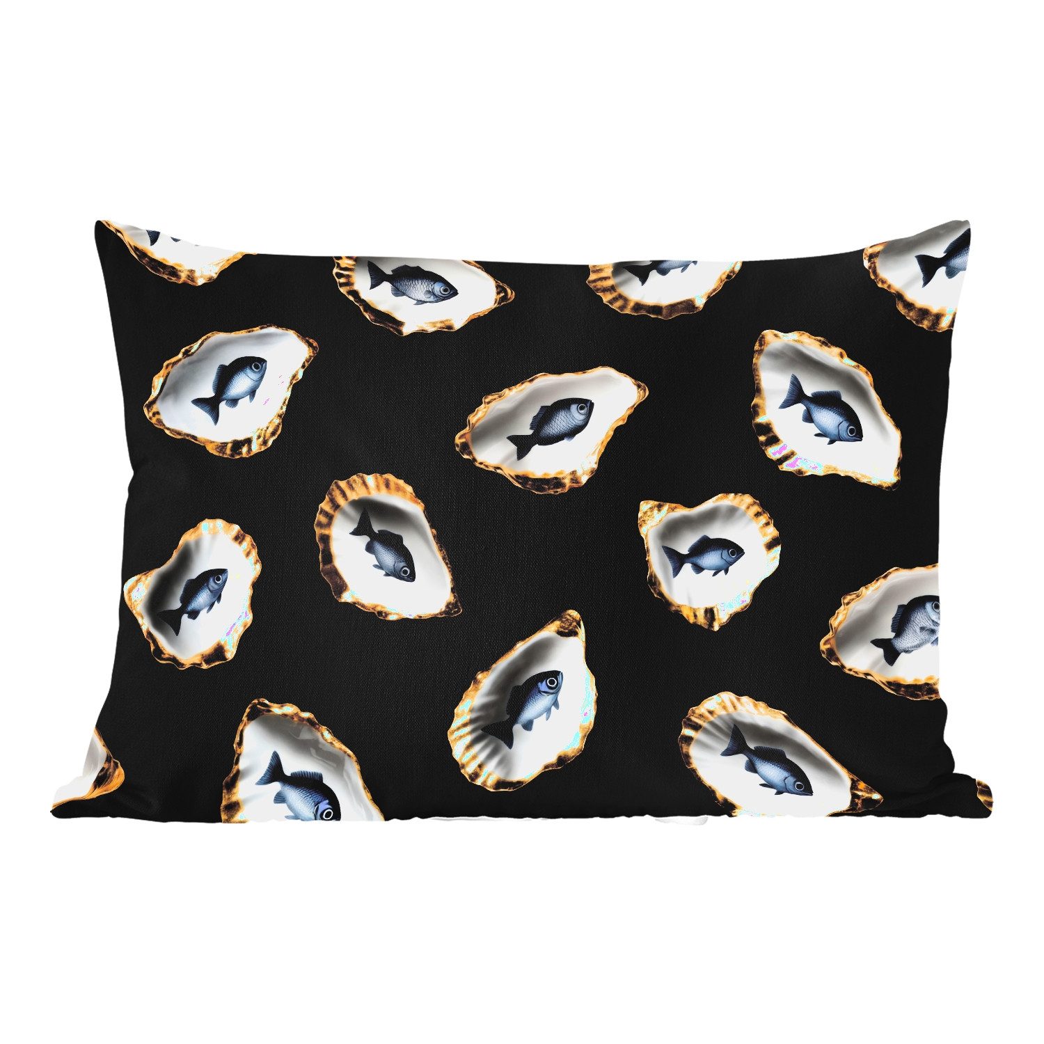 MuchoWow Dekokissen Austern - Fisch - Blau - Gold, Outdoor-Dekorationskissen, Kissen, Kissenbezug, 50x30 cm
