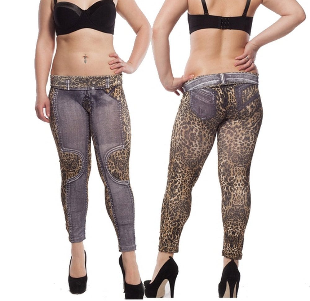 Leggings Leoparden Stretch Umstandshose Leo Grau Treggings Jeggings Jeans L/XL