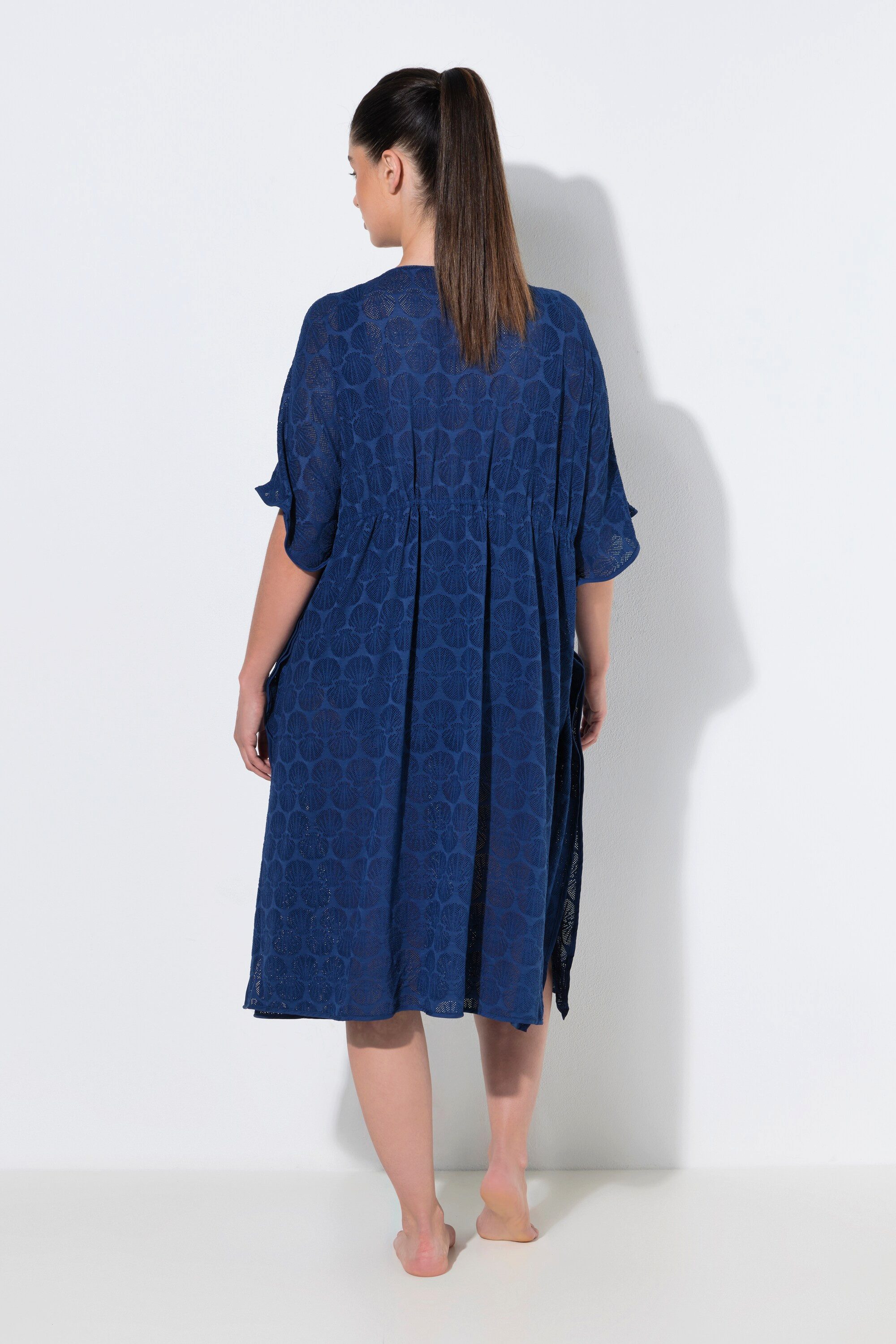 Ulla Popken Strandkleid Kaftan Muscheln V-Ausschnitt Satinband